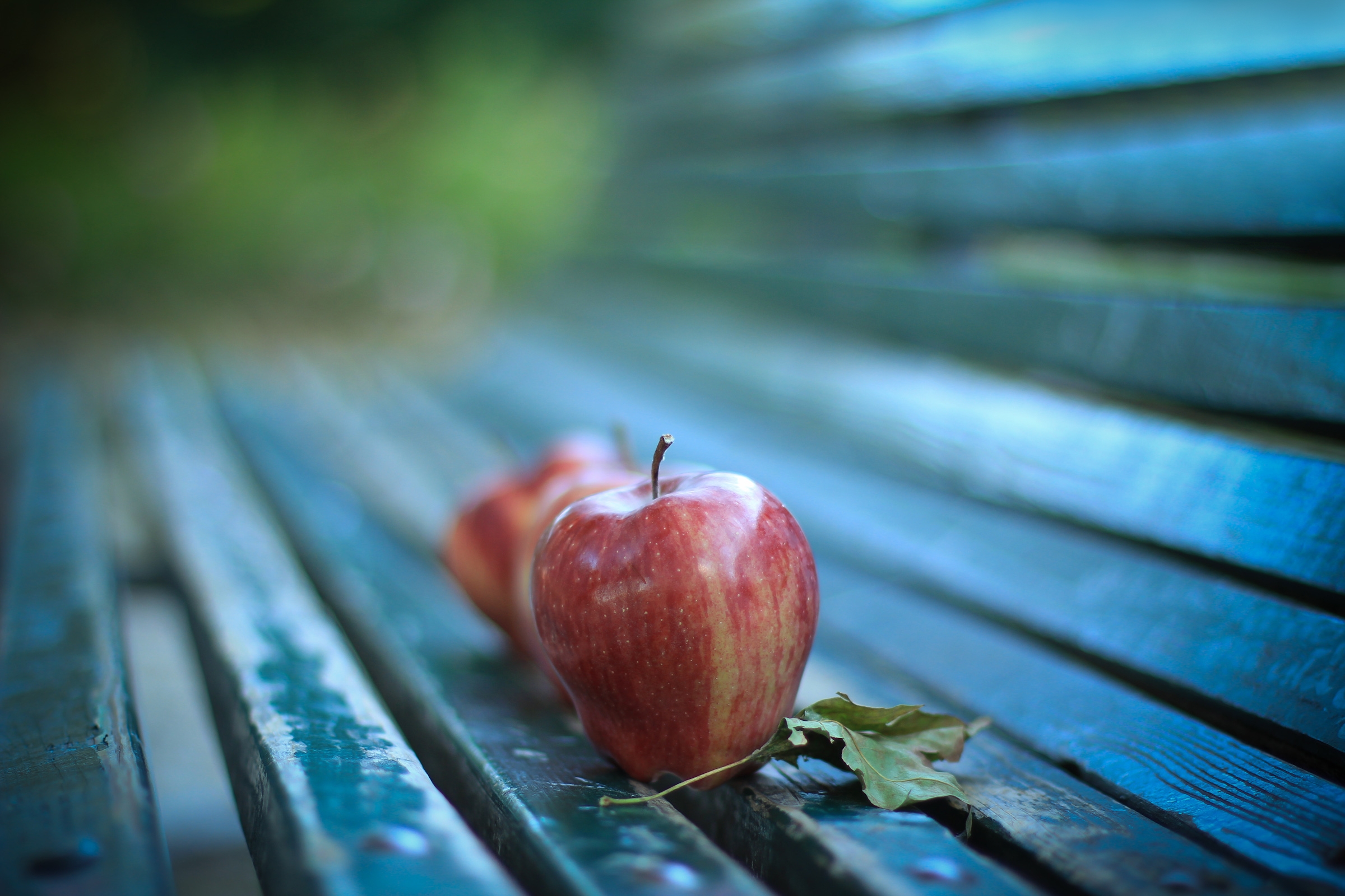 Download mobile wallpaper Bench, Leaves, Food, Apples for free.
