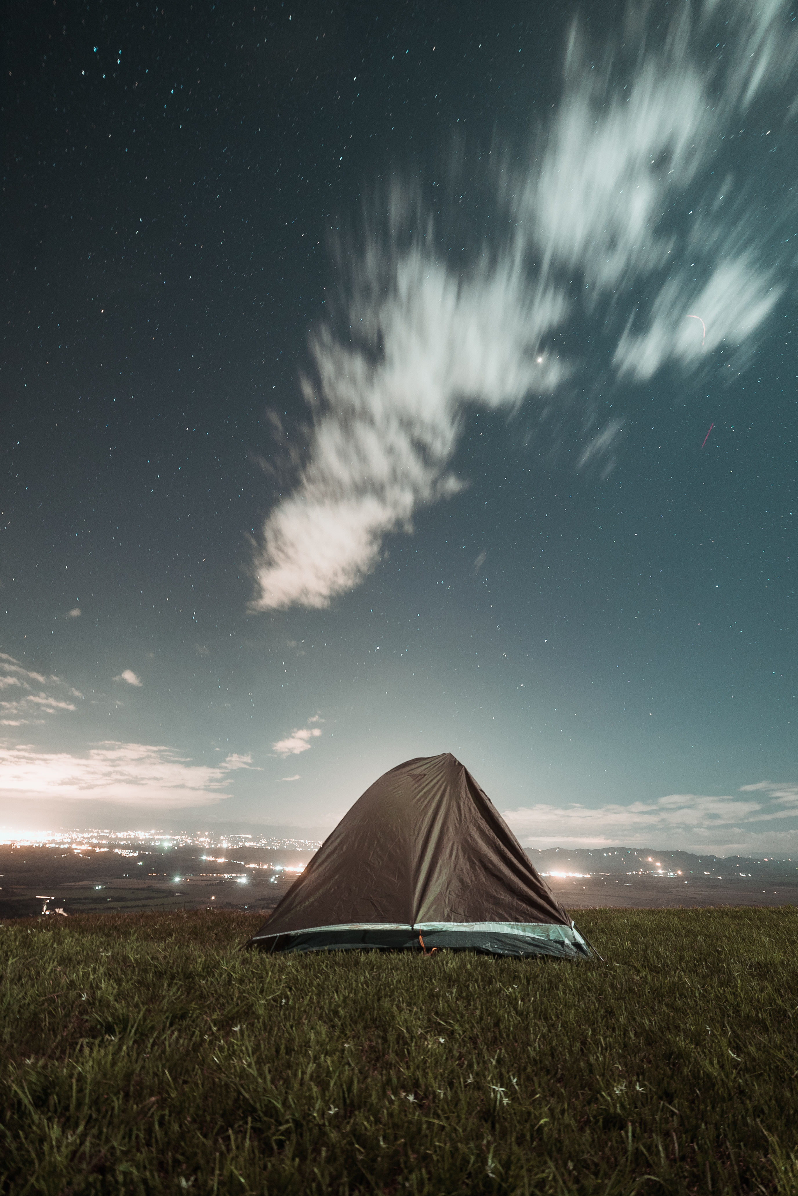 campsite, nature, night, city, view, tent, camping phone wallpaper
