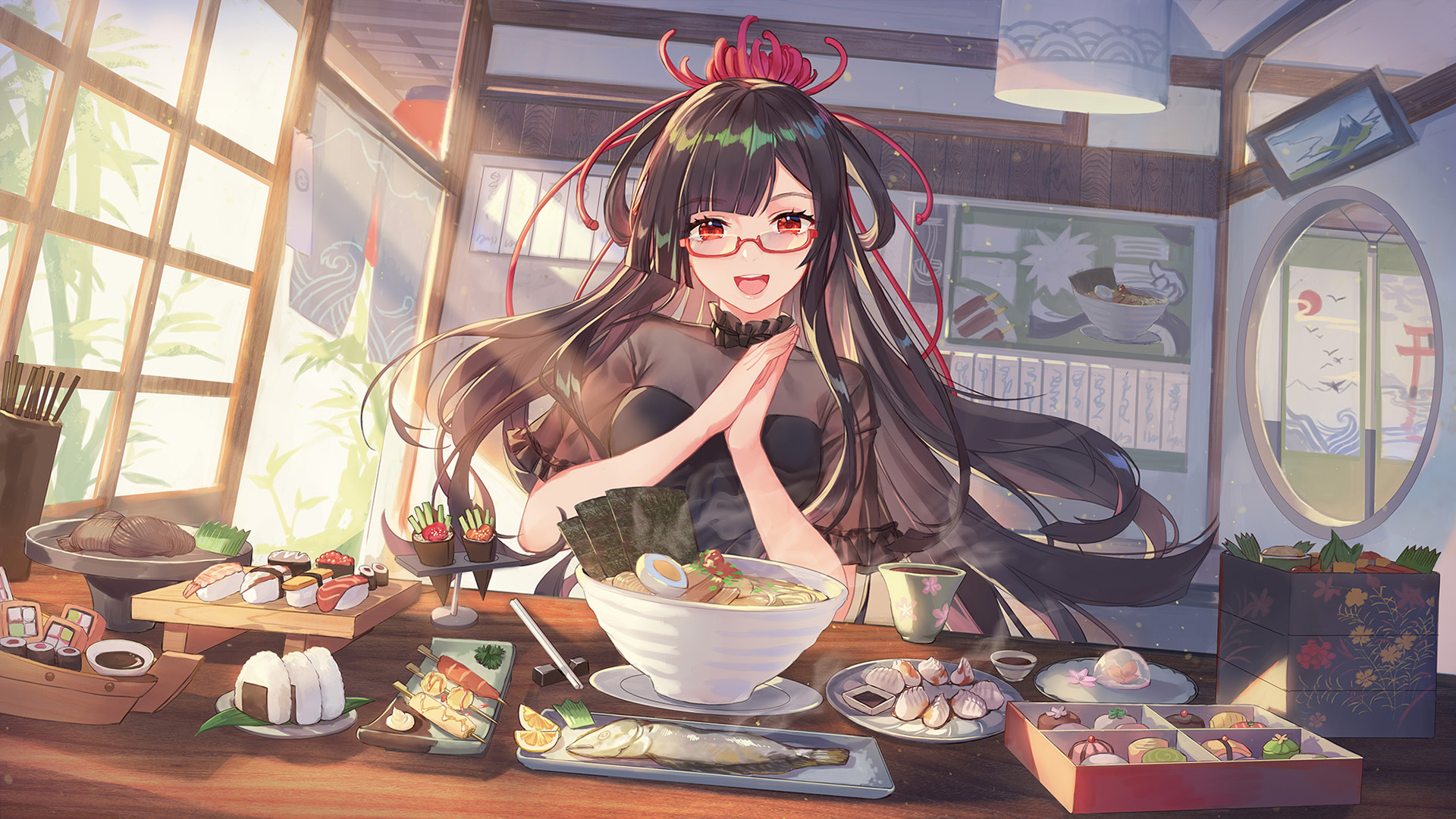 958094 Hintergrundbild herunterladen animes, original, schwarzes haar, kochen, speisen, lange haare, ramen, rote augen, sushi - Bildschirmschoner und Bilder kostenlos