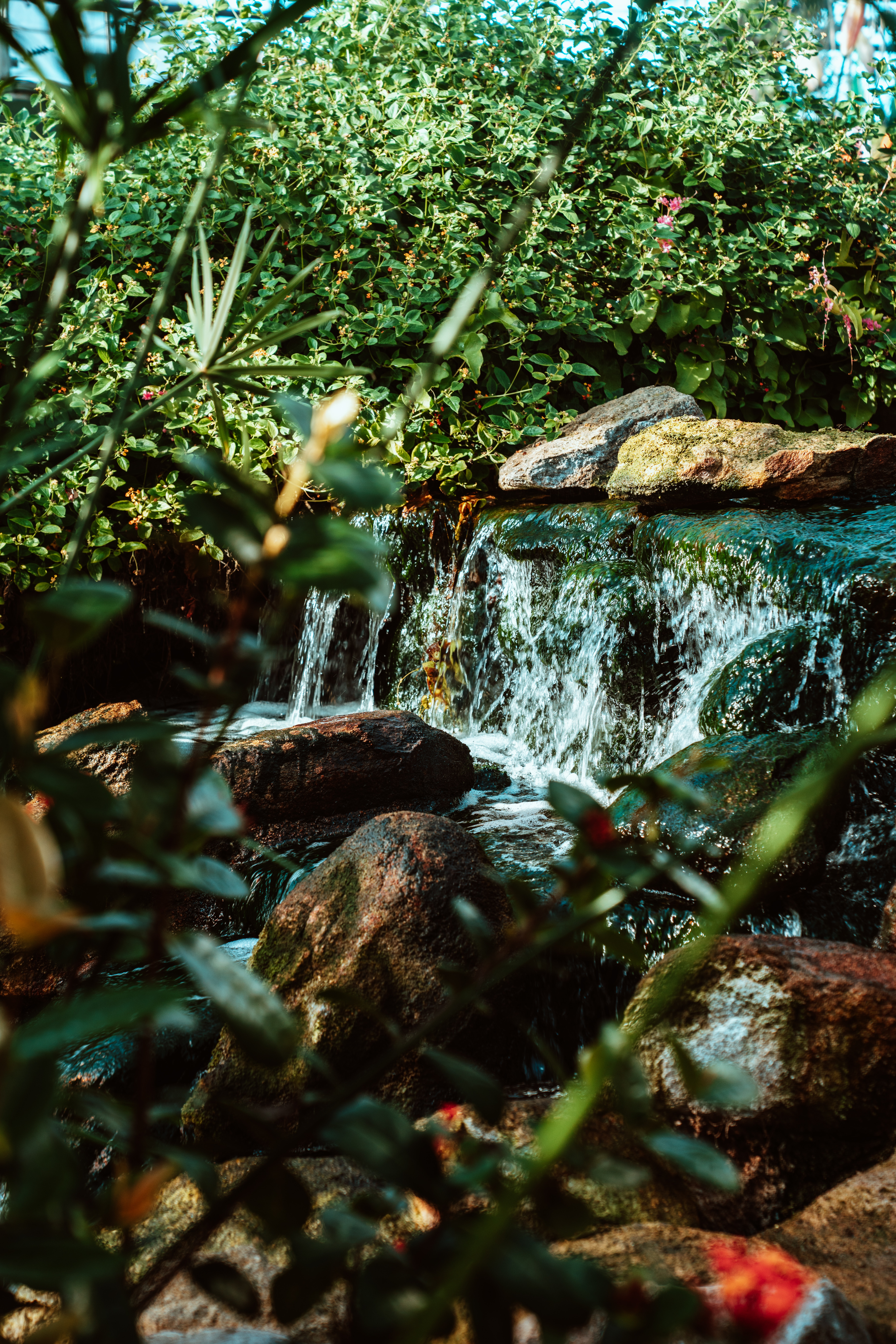 Download mobile wallpaper Waterfall, Stones, Nature, Bush, Rivers, Water for free.