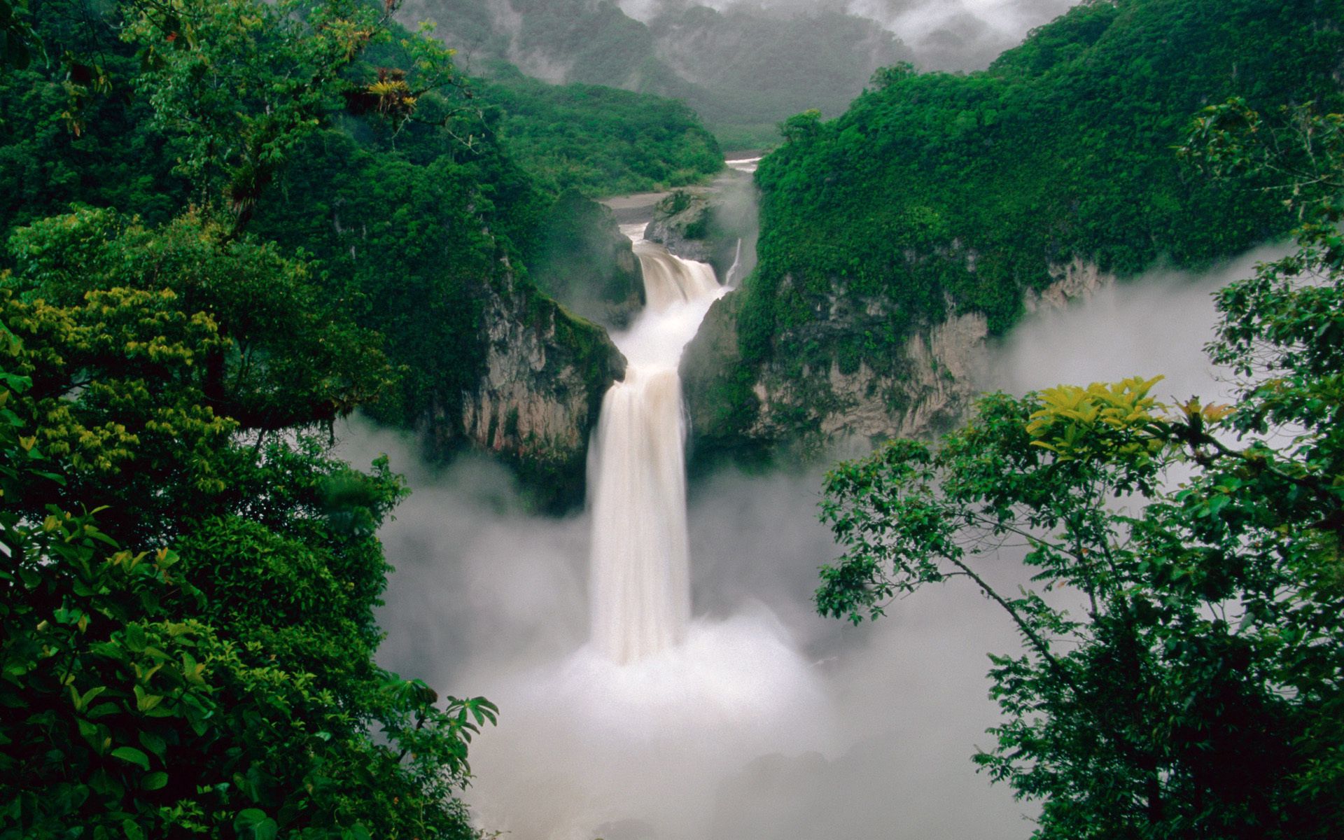 Laden Sie das Bäume, Dampf, Natur, Wasserfall-Bild kostenlos auf Ihren PC-Desktop herunter
