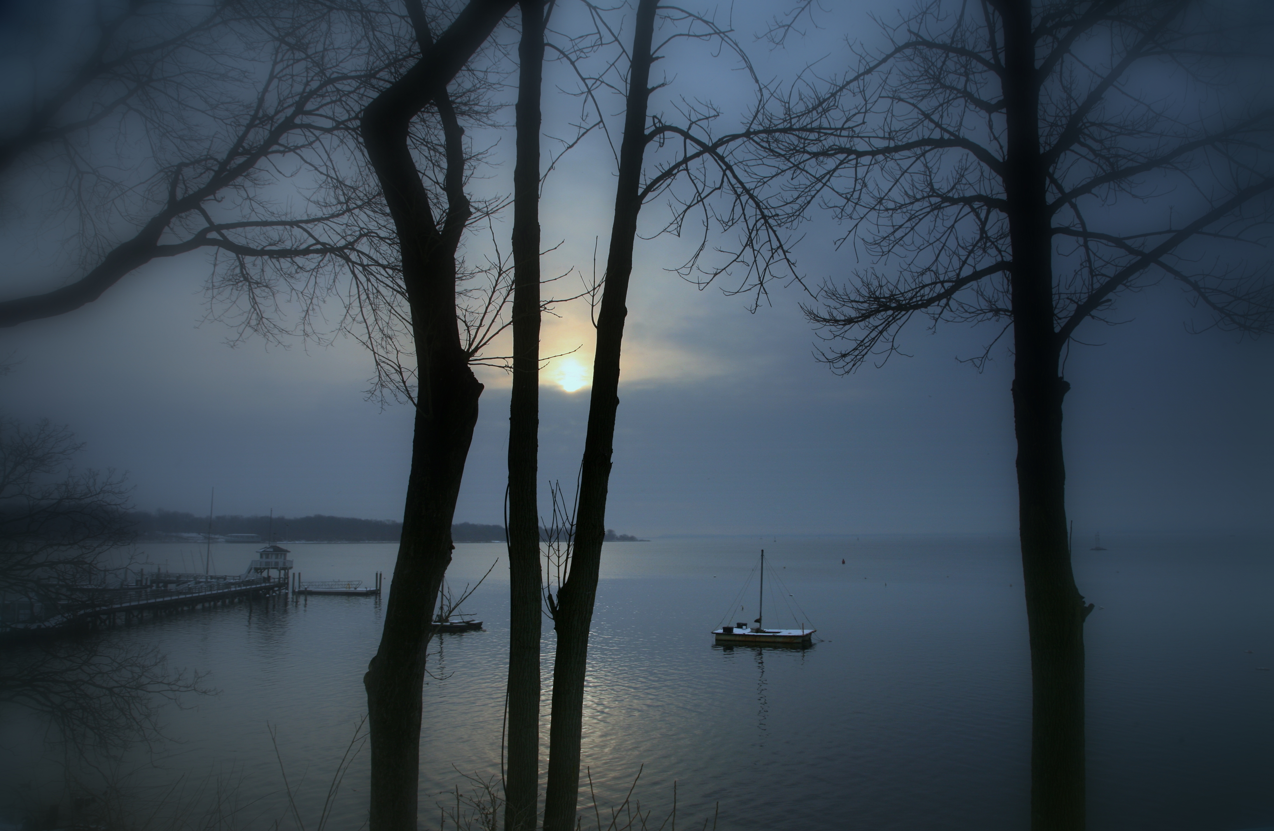 Download mobile wallpaper Fog, Lake, Sunset, Nature, Landscape for free.