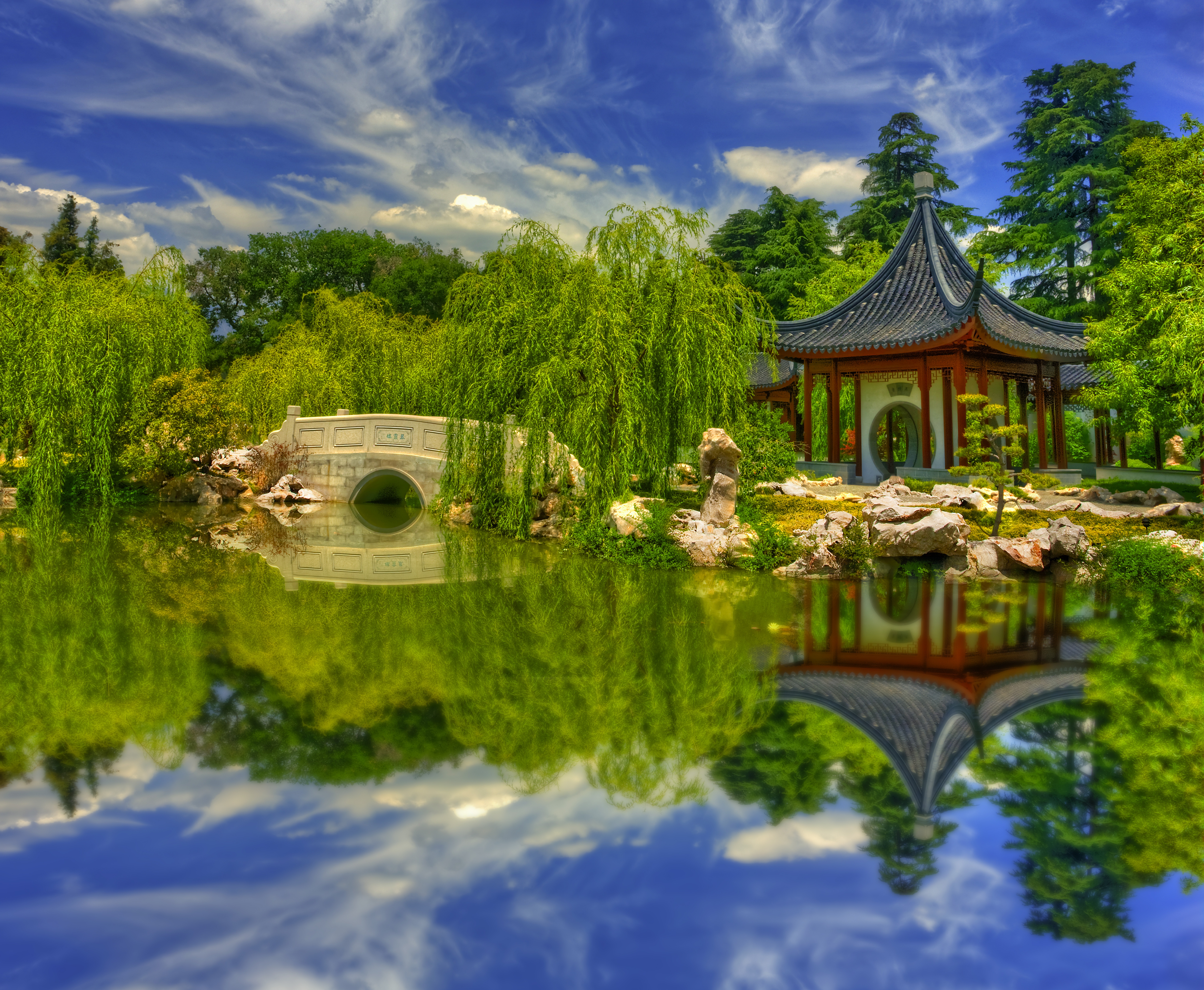 photography, park, botanical garden, bridge, greenery, pagoda, pond, stone download HD wallpaper