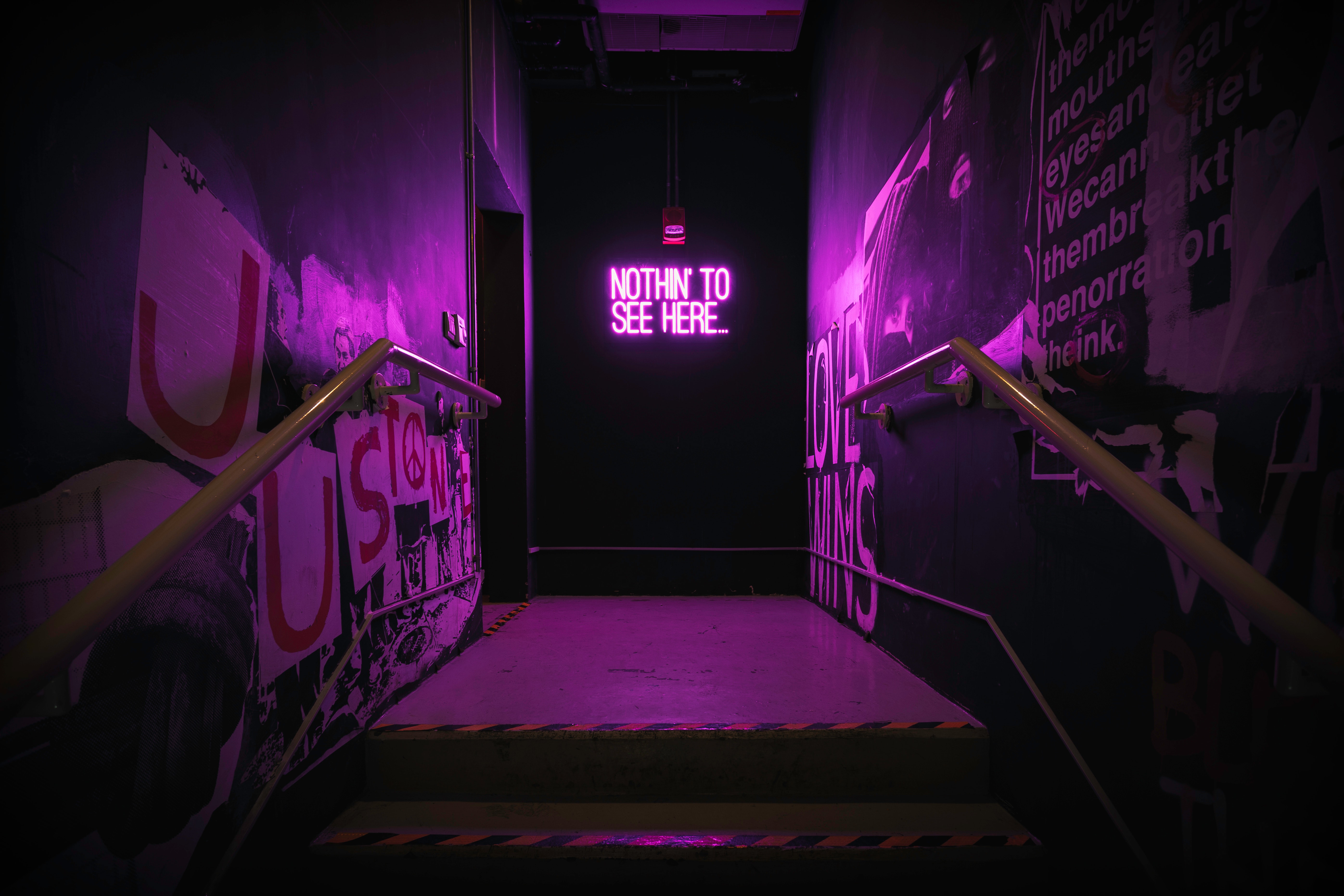 Mobile wallpaper purple, neon, wall, backlight, words, violet, illumination, inscription