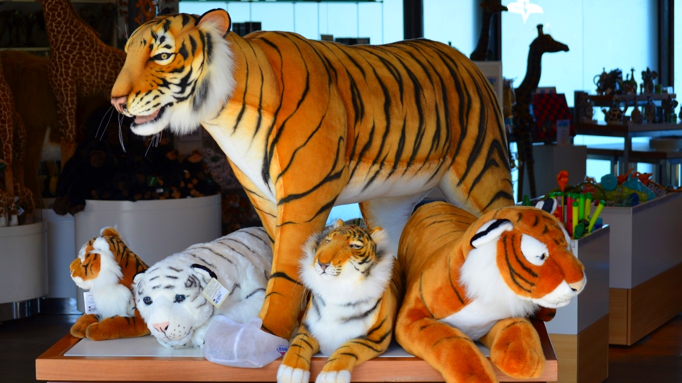 man made, stuffed animal, shop, tiger, toy