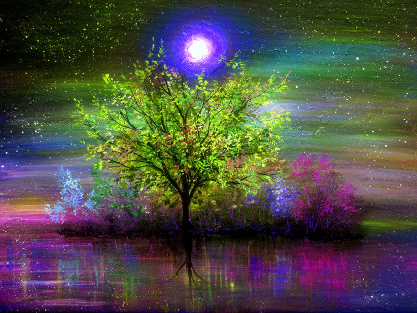 Download mobile wallpaper Moon, Tree, Painting, Artistic, Moonlight for free.