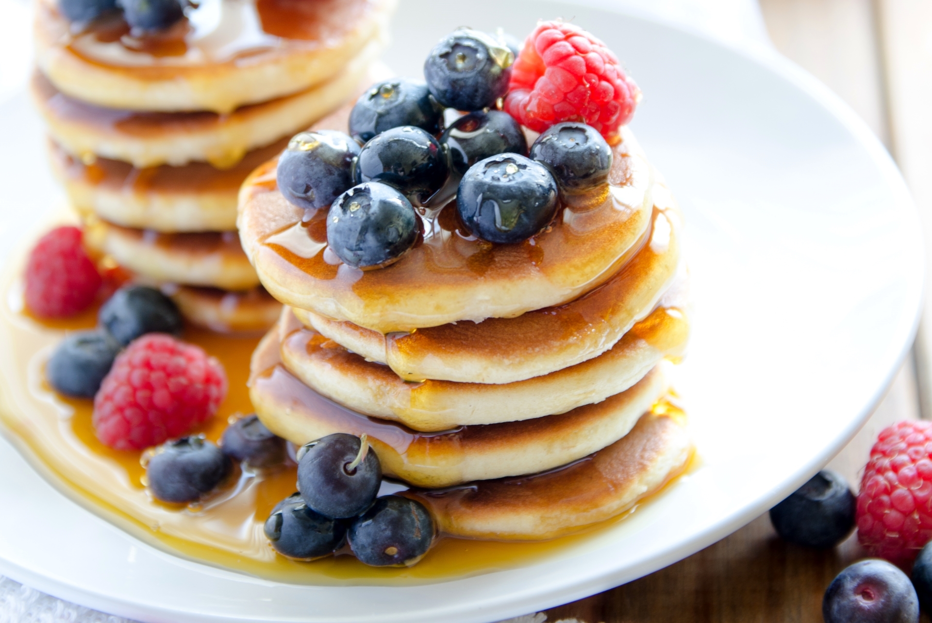 Download mobile wallpaper Food, Blueberry, Raspberry, Berry, Honey, Pancake for free.