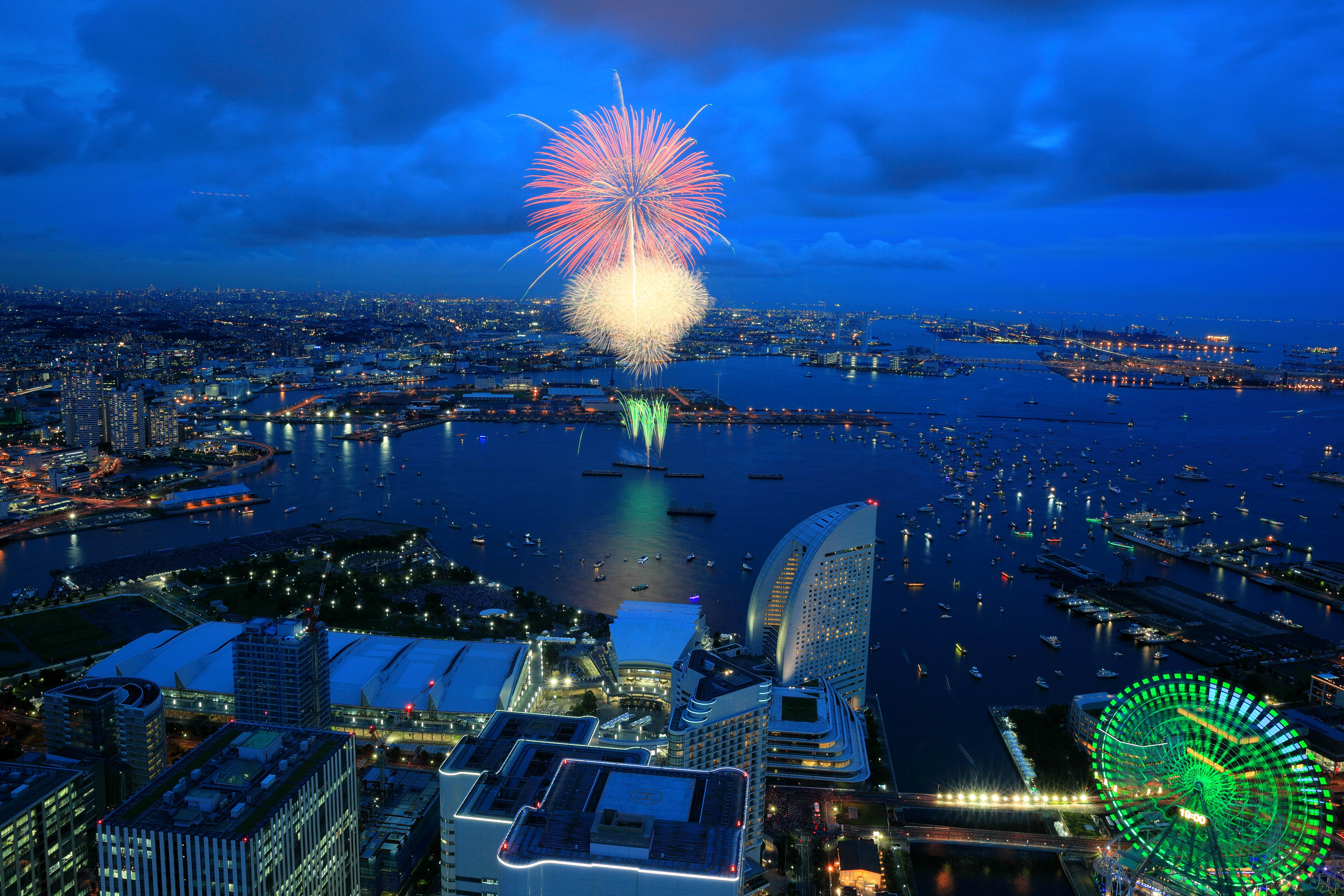 night, photography, fireworks, city, cityscape, ferris wheel, horizon, japan, light, yokohama