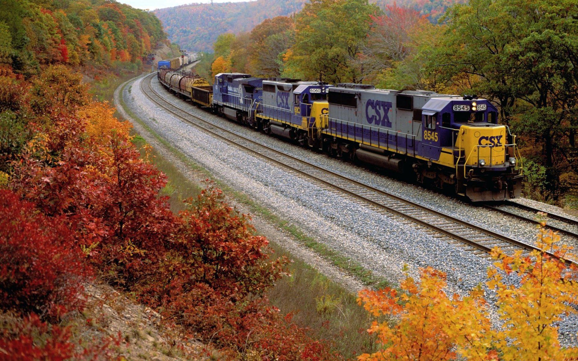 Download mobile wallpaper Train, Movement, Traffic, Nature, Autumn for free.