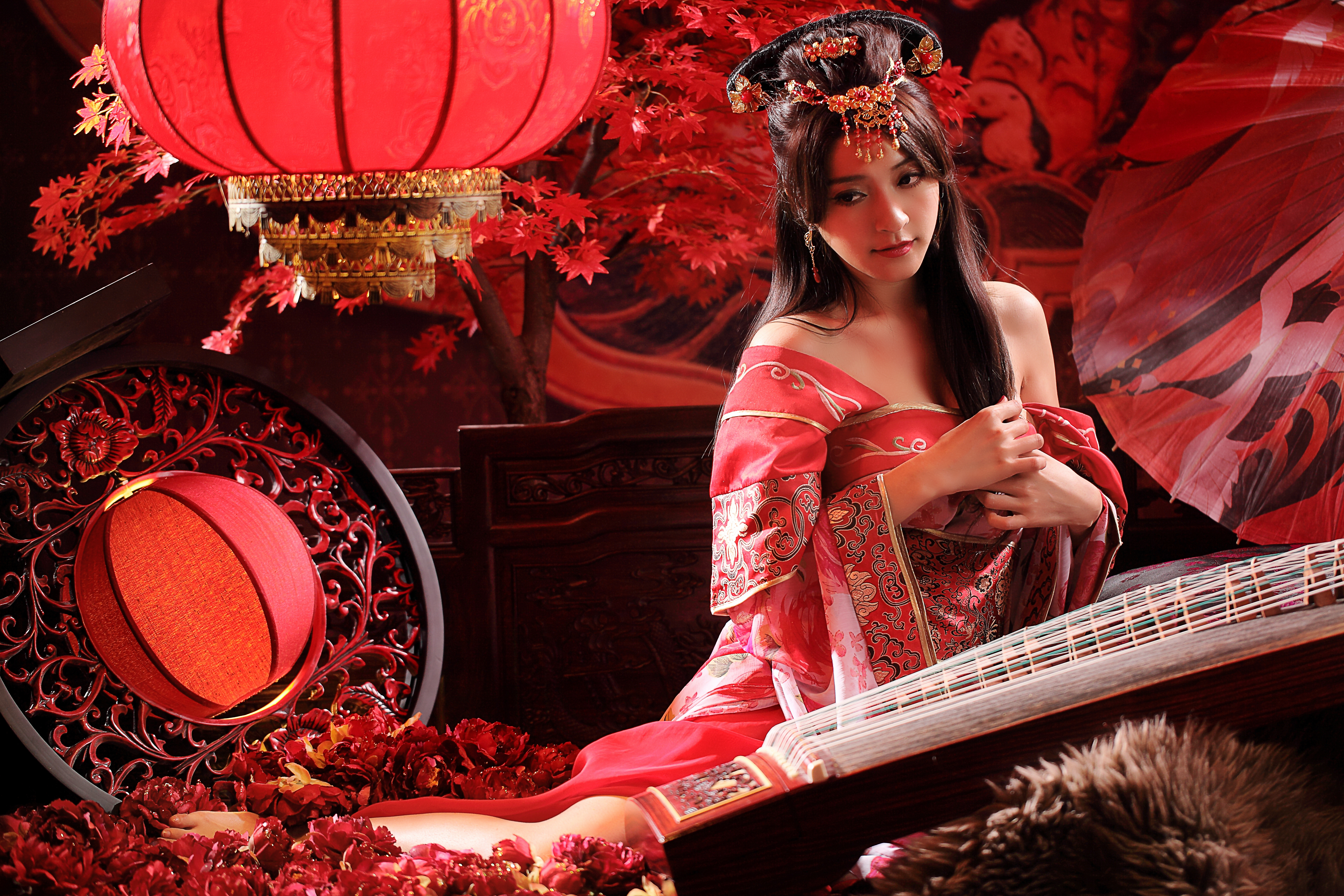 1522928 baixar papel de parede mulheres, asiática, penteado, instrumento, lanterna, rosa, taiwanês, traje tradicional - protetores de tela e imagens gratuitamente