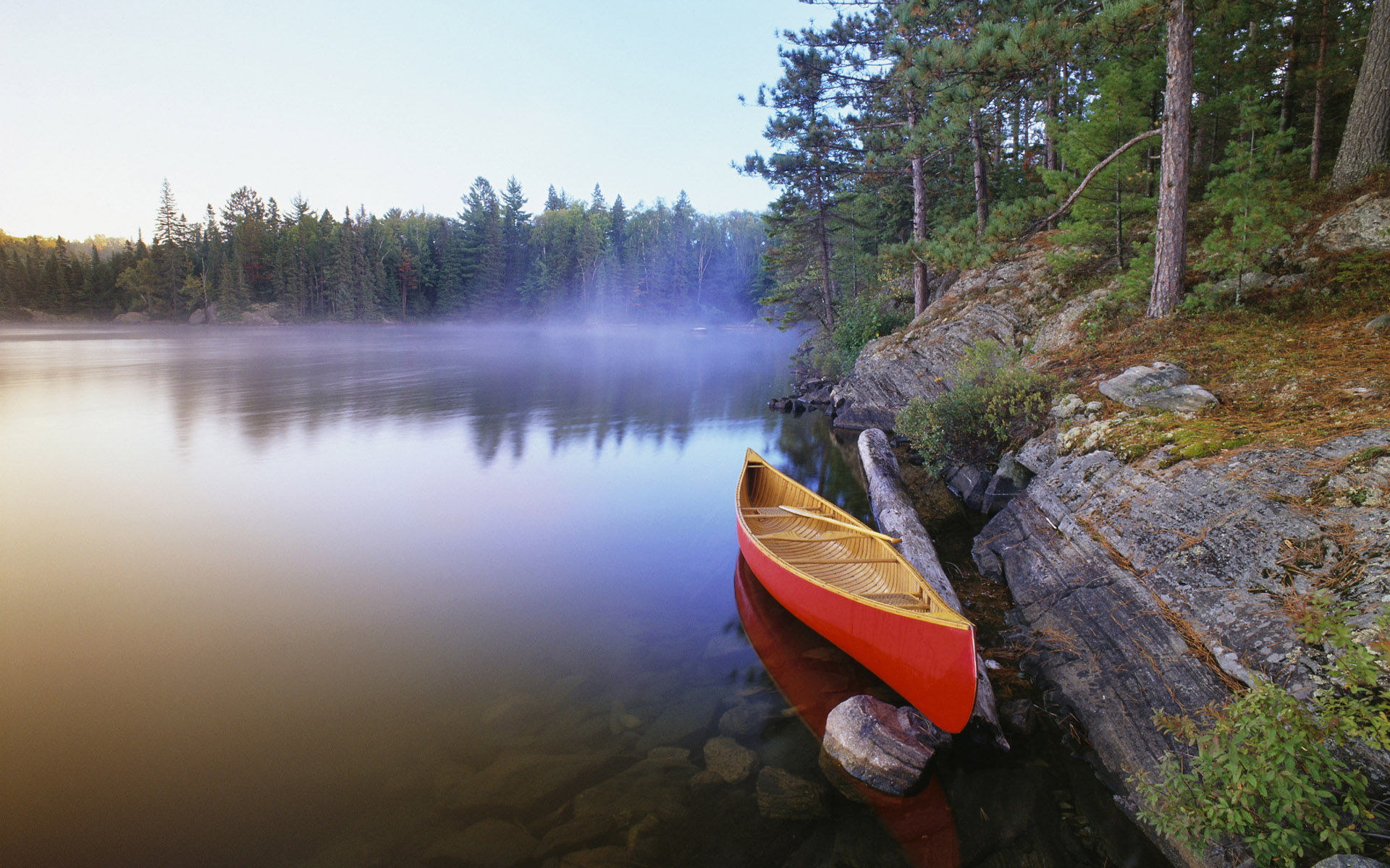 canoe, boat, vehicles, fog, lake, river