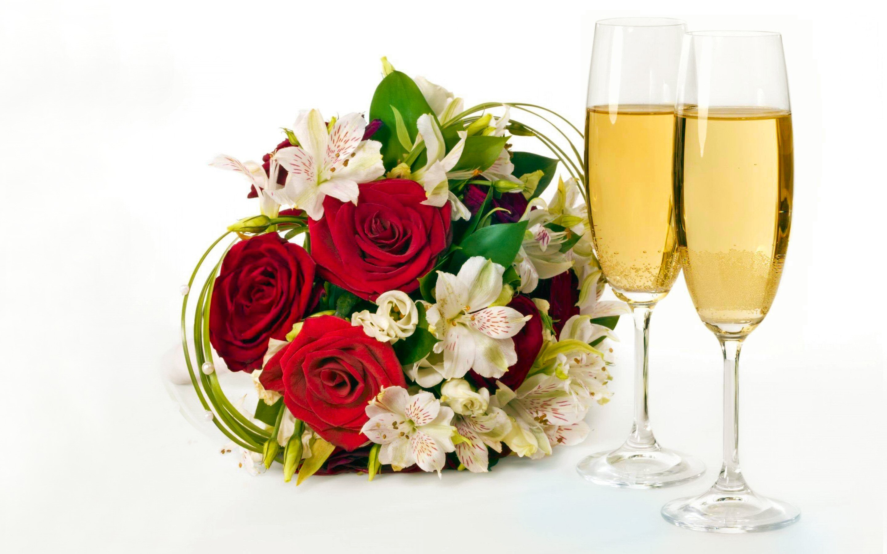 672061壁紙のダウンロードホリデー, バレンタイン・デー, 花束, シャンパン, カラフル, 花, ガラス, 赤い花, 赤いバラ, 白い花-スクリーンセーバーと写真を無料で
