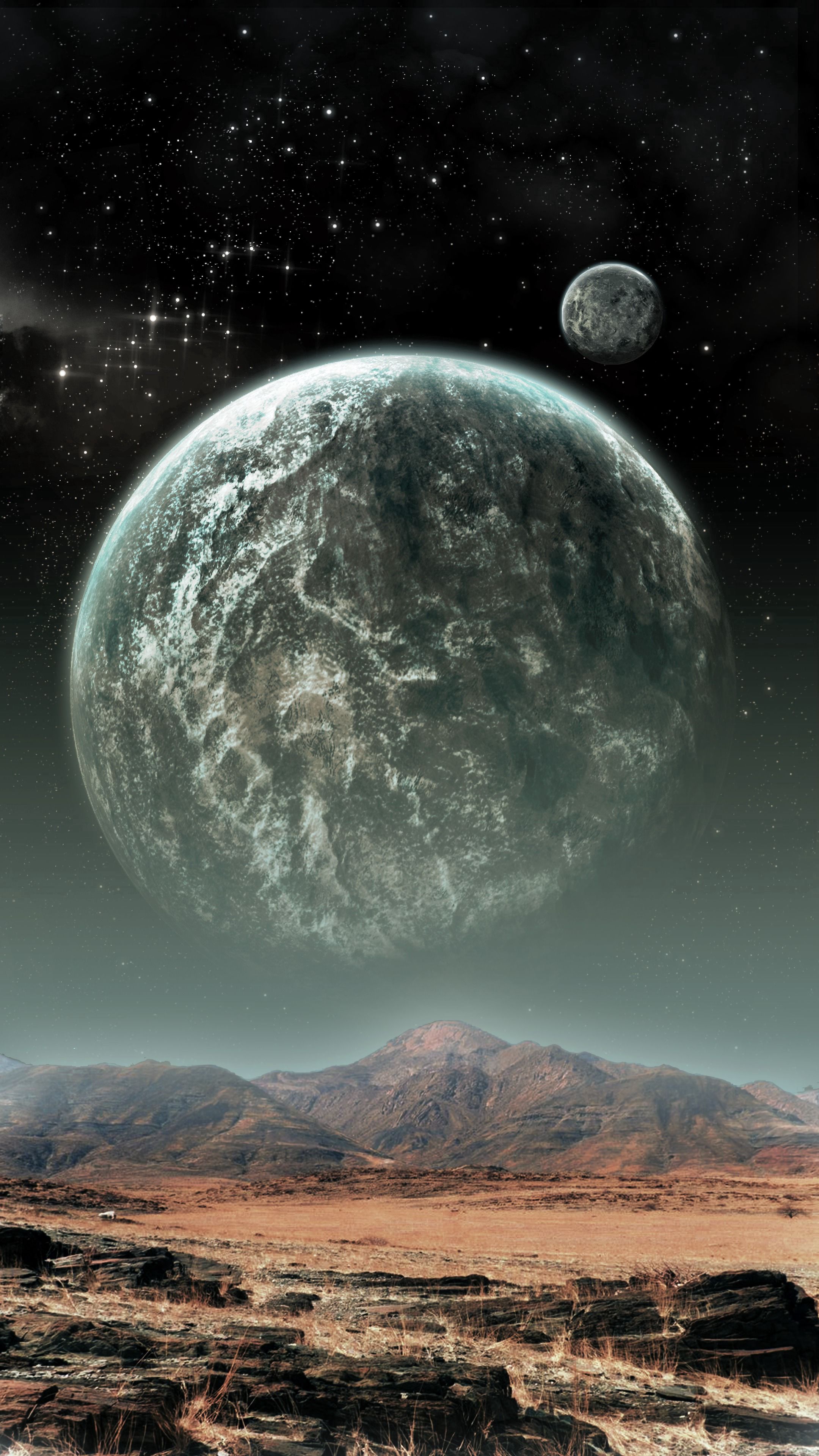Download mobile wallpaper Universe, Illusion, Planets, Miscellaneous, Miscellanea, Mountains, Stars for free.