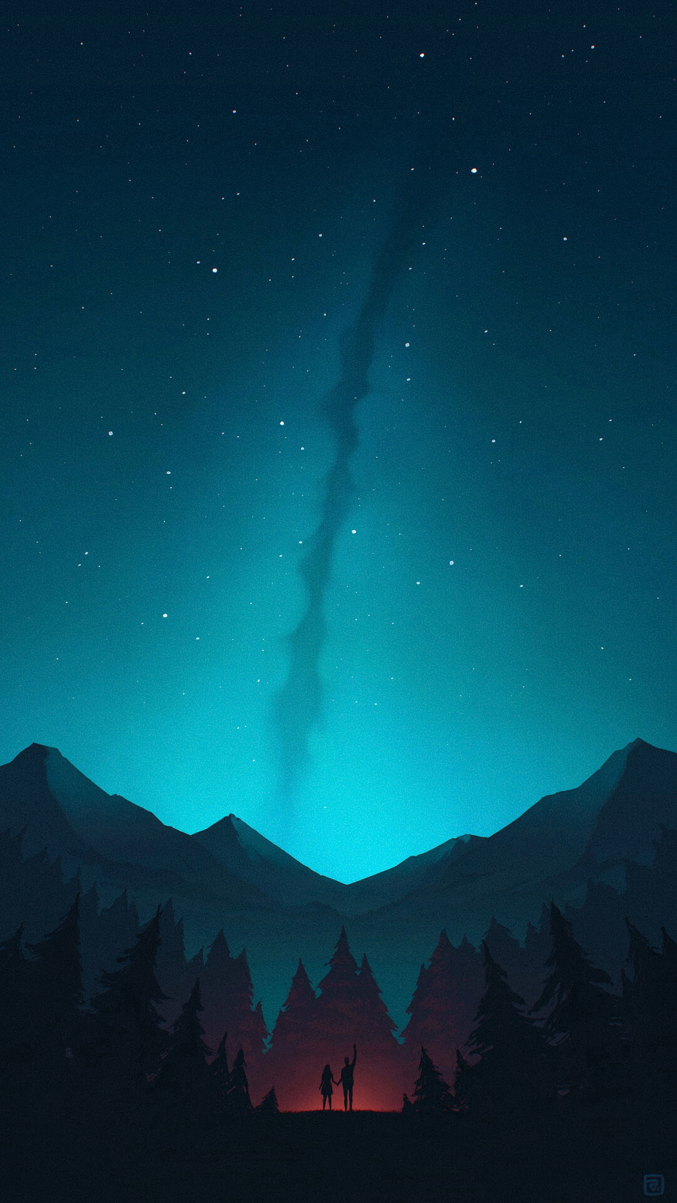 art, night, silhouettes, mountains, forest, starry sky UHD
