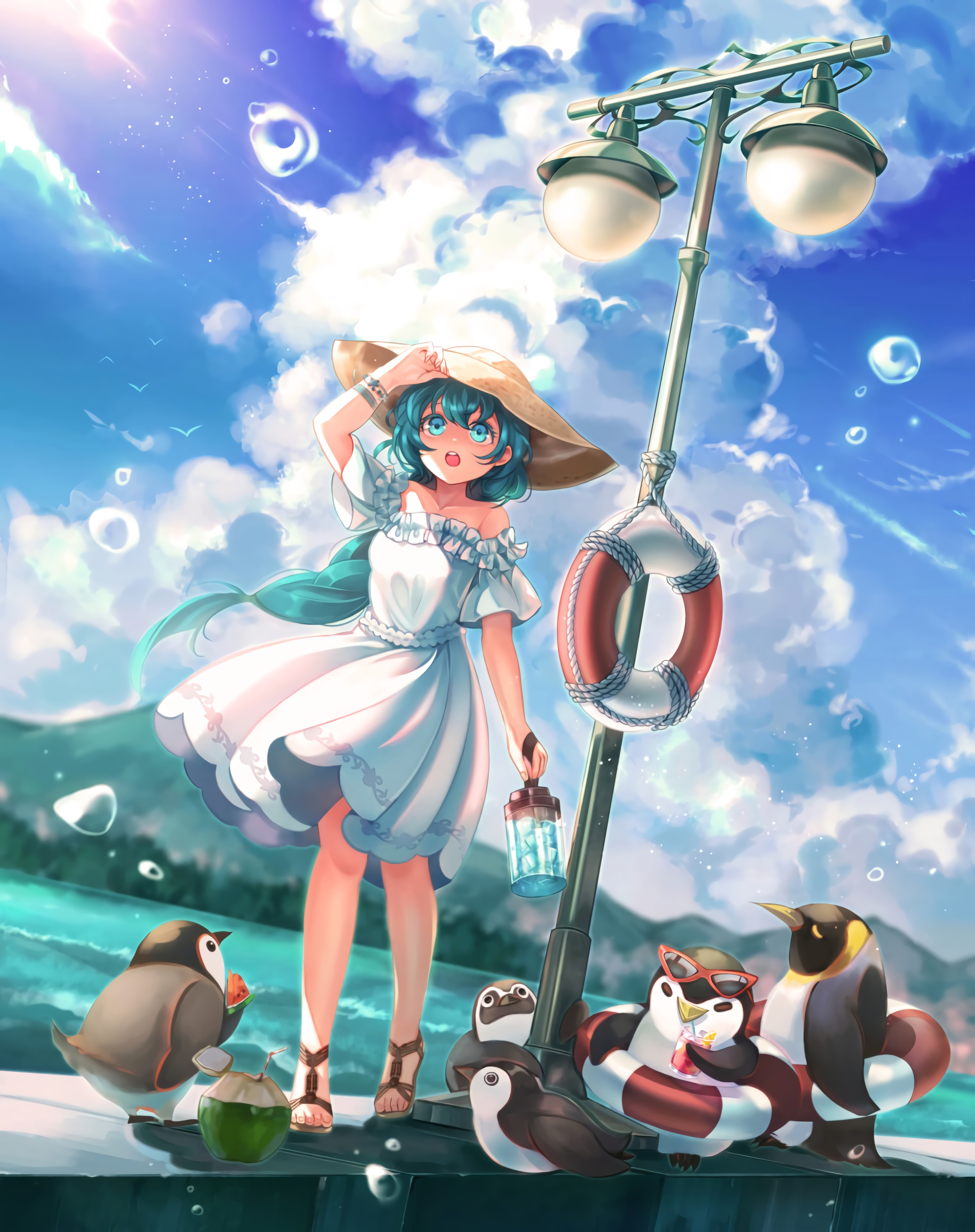 Download mobile wallpaper Hat, Pinguins, Dress, Art, Girl, Anime for free.