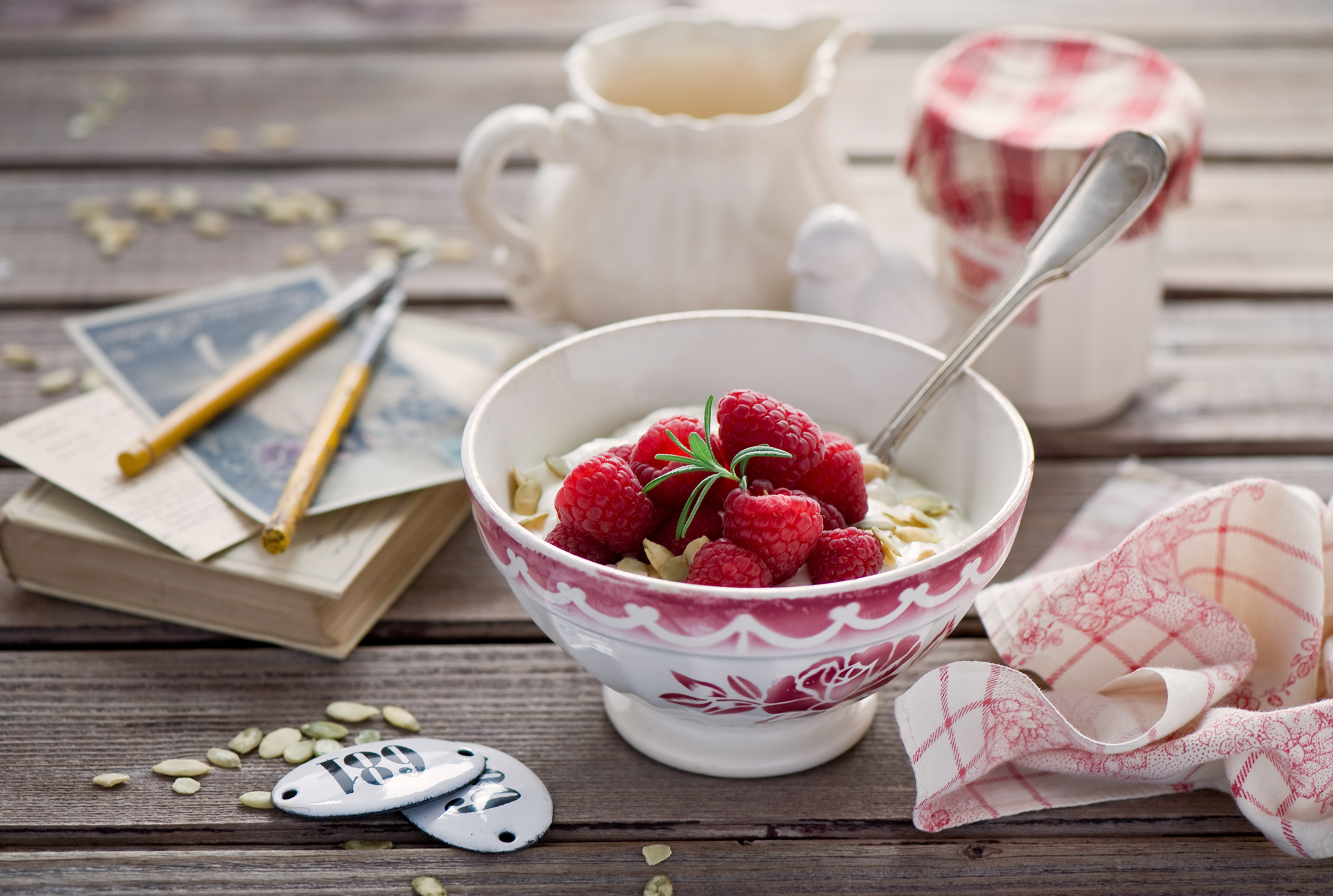 Download mobile wallpaper Cottage Cheese, Bowl, Curd, Raspberry, Berries, Food, Breakfast for free.