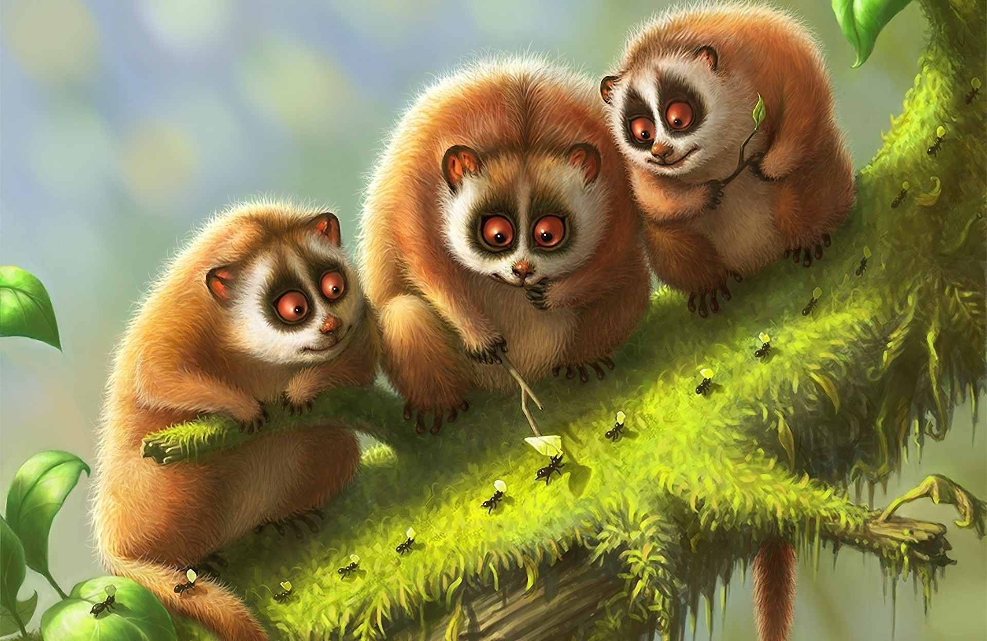 104120 Bild herunterladen tiere, kunst, lemuren, ast, zweig, moos, moss, lemur - Hintergrundbilder und Bildschirmschoner kostenlos