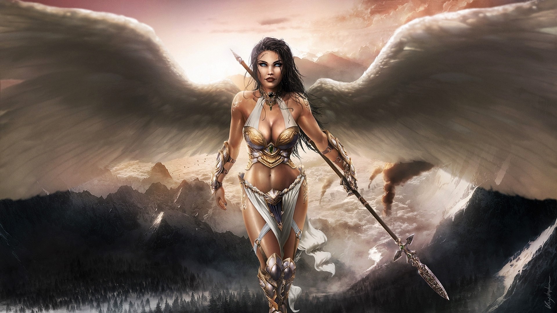 Download mobile wallpaper Fantasy, Wings, Angel, Blue Eyes, Spear, Angel Warrior for free.