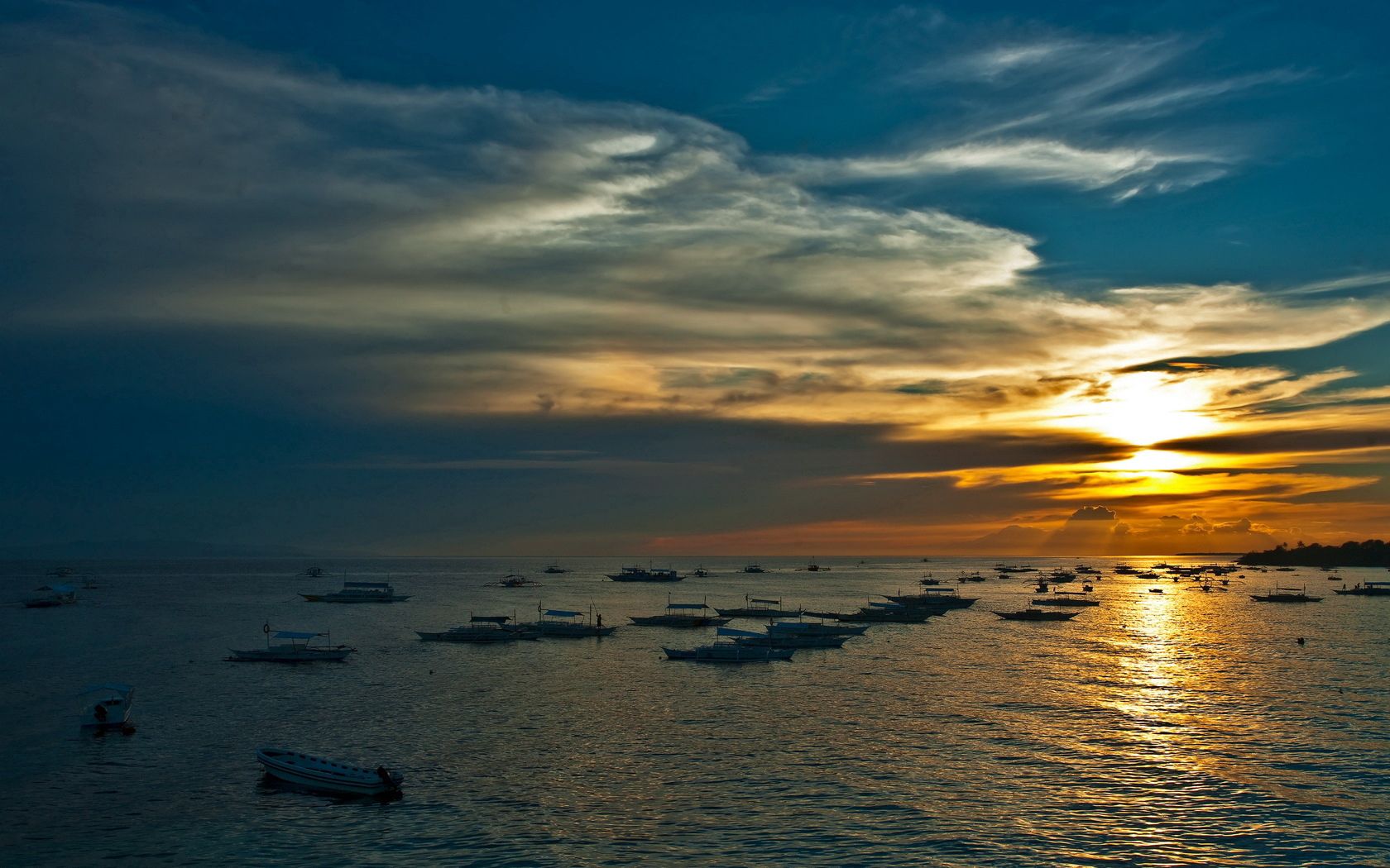 nature, sunset, sky, sea, twilight, boats, dusk