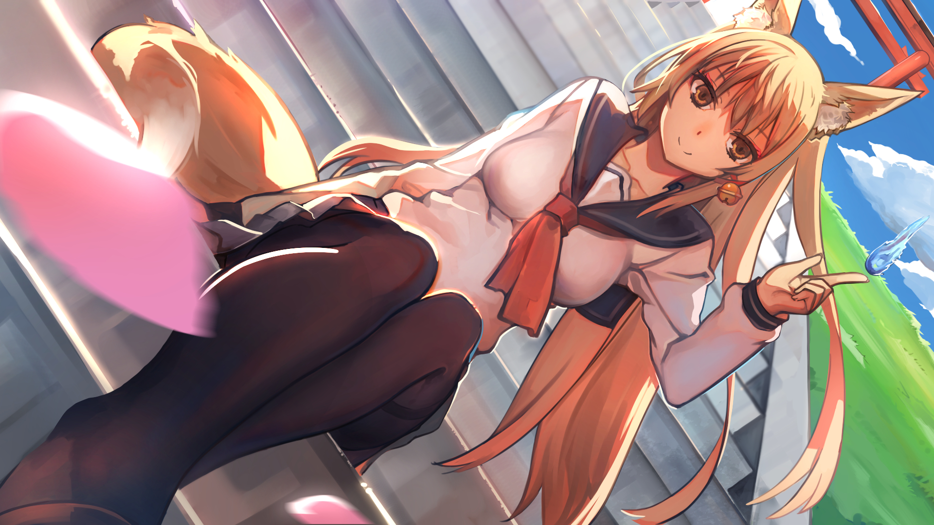 holo (spice & wolf), animal ears, anime, spice and wolf, brown eyes, brown hair, long hair, pantyhose, petal, school uniform, skirt, smile, stairs, tail