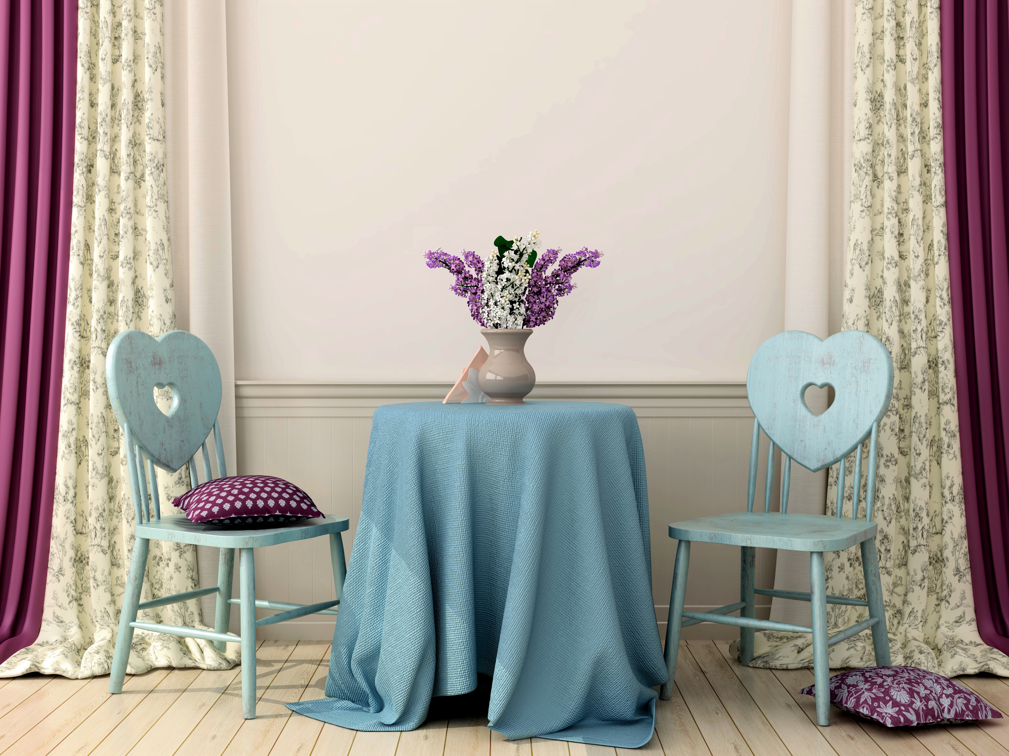 photography, still life, chair, cushion, heart, interior, lilac, room, table, vase