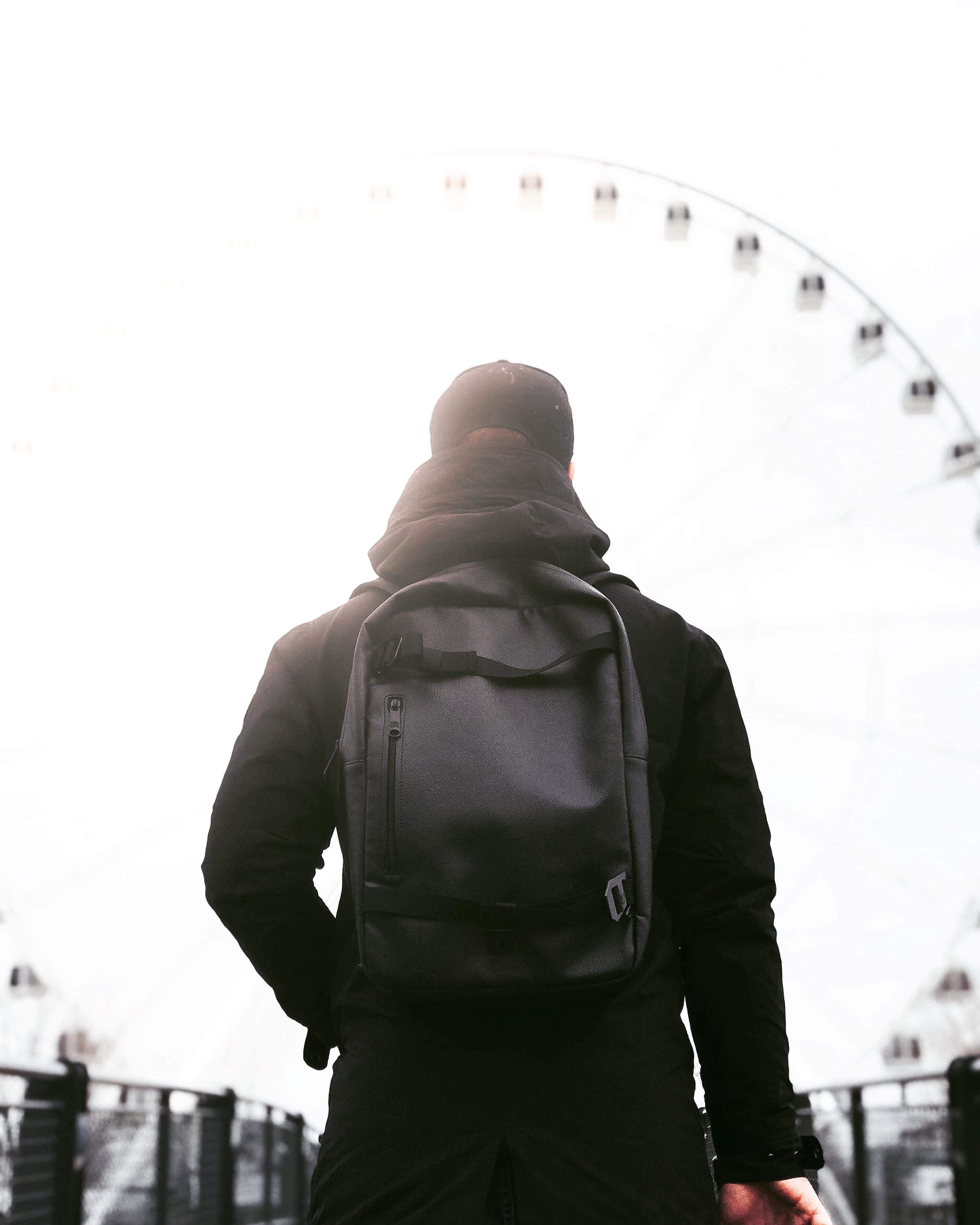 black, miscellanea, miscellaneous, style, human, person, backpack, rucksack, jacket