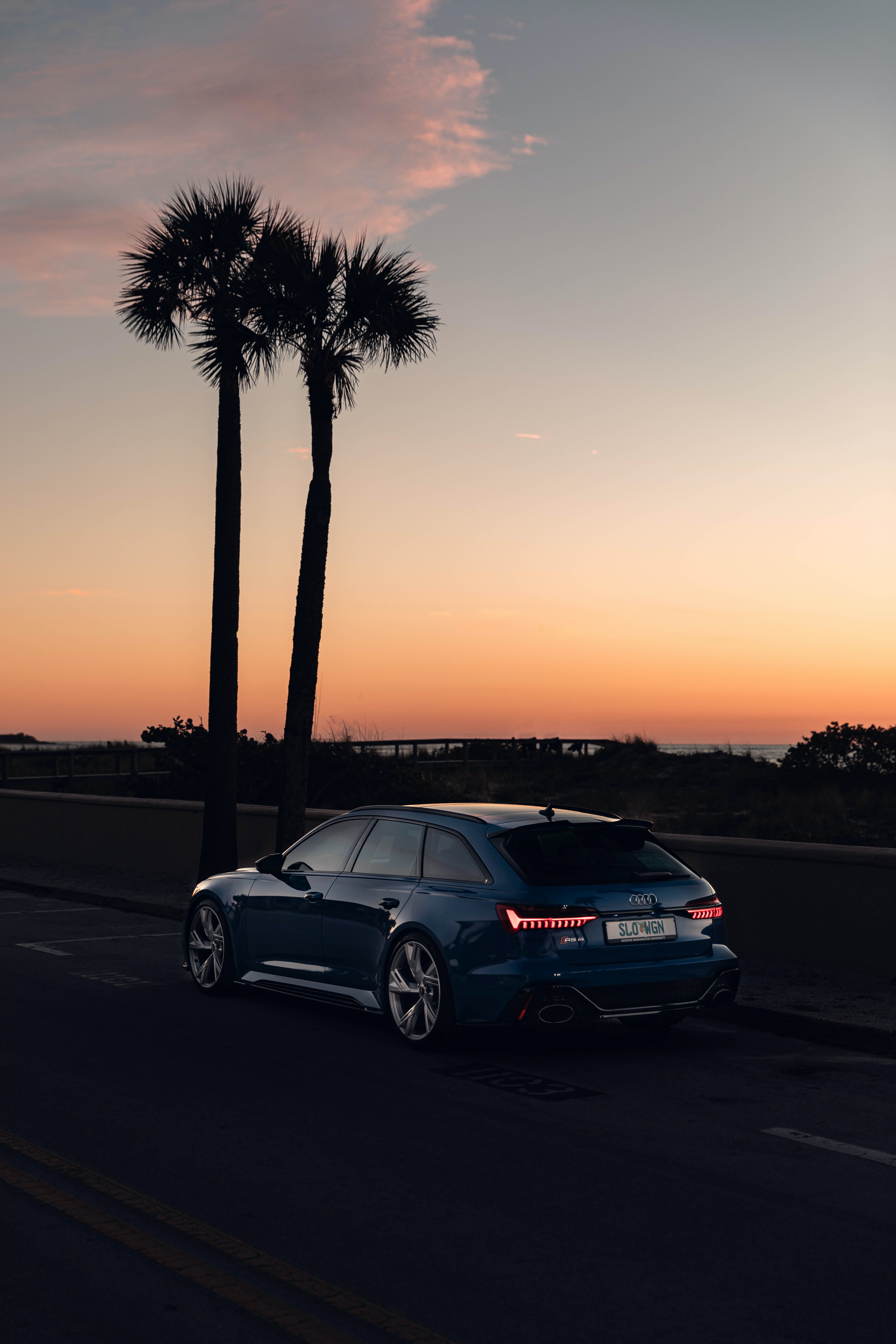 audi, cars, dusk, twilight, palms, blue, road, car HD wallpaper