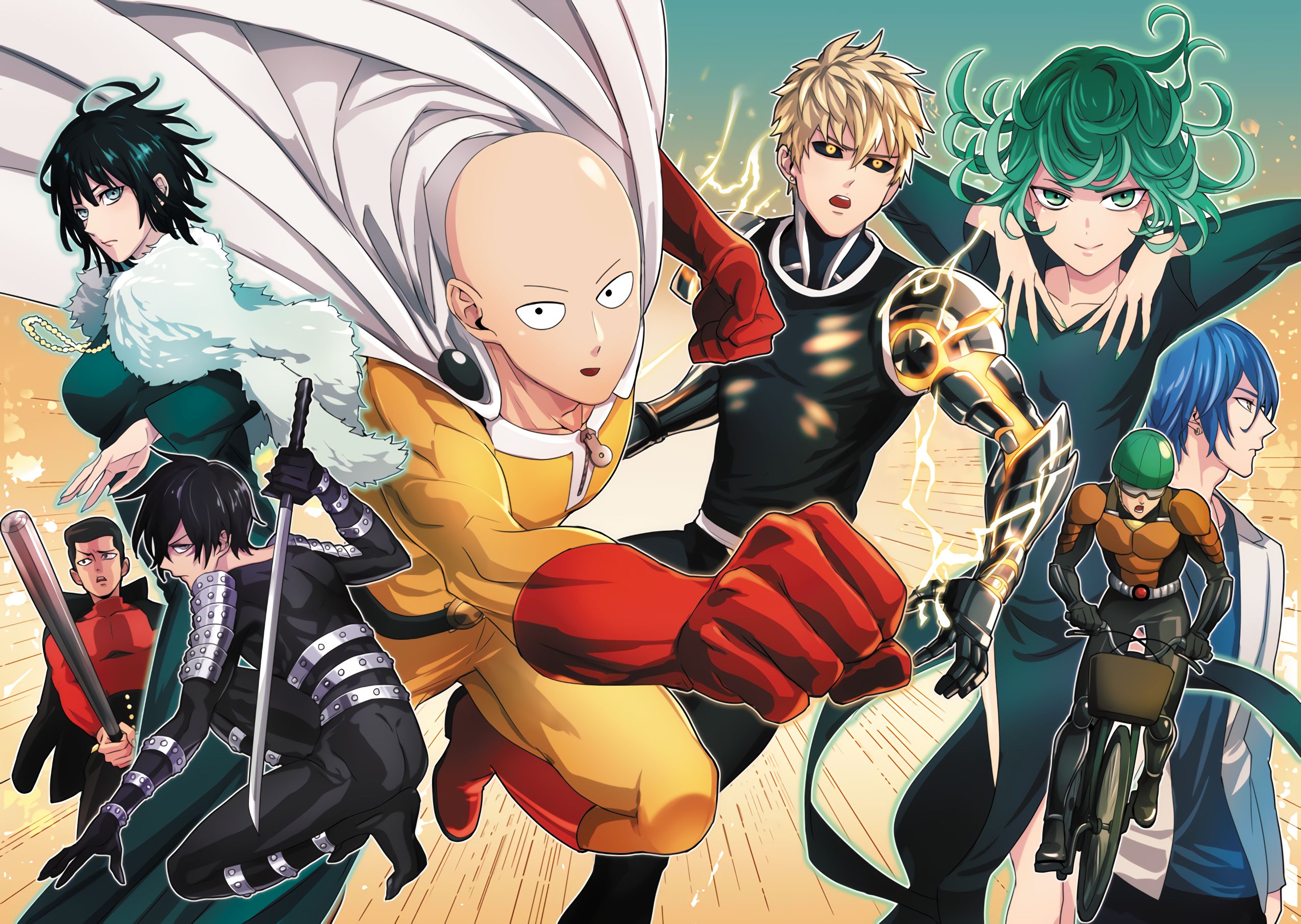 one punch man, saitama (one punch man), sonic (one punch man), anime, fubuki (one punch man), genos (one punch man), metal bat (one punch man), mumen rider, sweet mask (one punch man), tatsumaki (one punch man) wallpaper for mobile