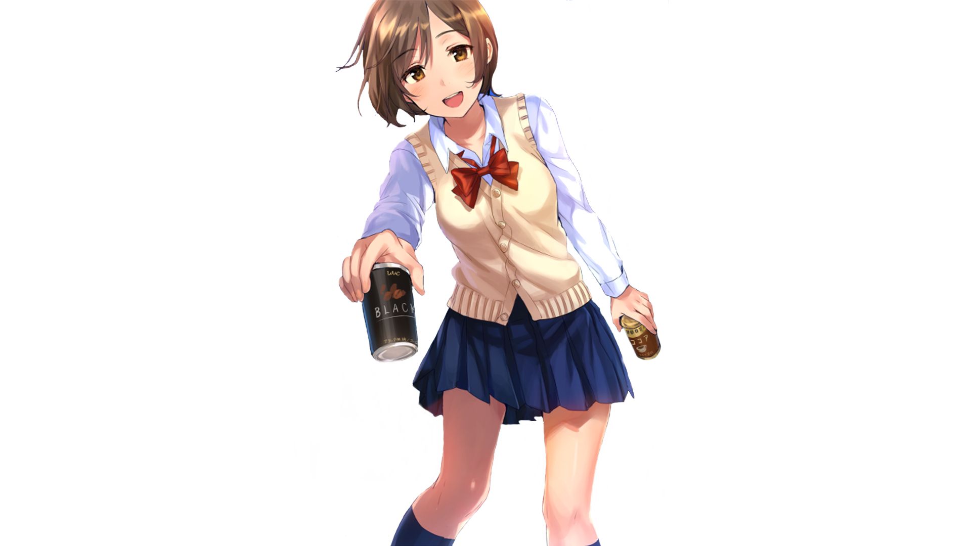 anime, original, brown eyes, brown hair, school uniform, short hair, skirt, smile, soda, uniform UHD