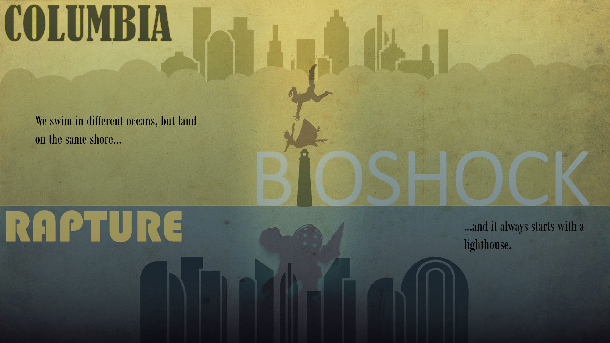 rapture (bioshock), columbia (bioshock), video game, bioshock, big daddy (bioshock), booker dewitt, elizabeth (bioshock infinite), lighthouse Full HD