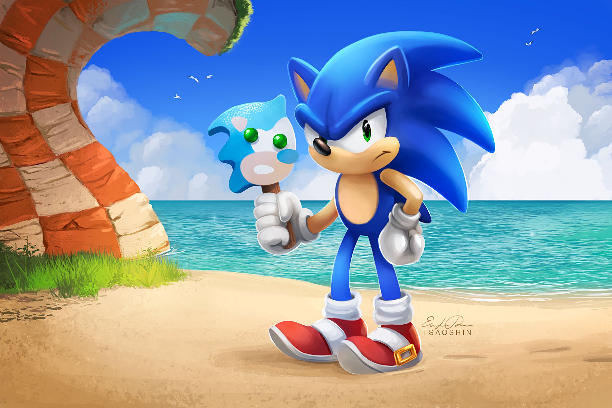 sonic, video game, sonic the hedgehog, beach, green eyes, ice cream, sneakers cellphone