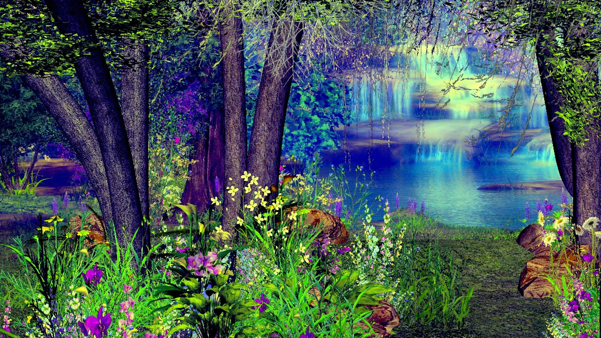 mystic, artistic, lake, colorful, colors, fantasy, tree, waterfall lock screen backgrounds