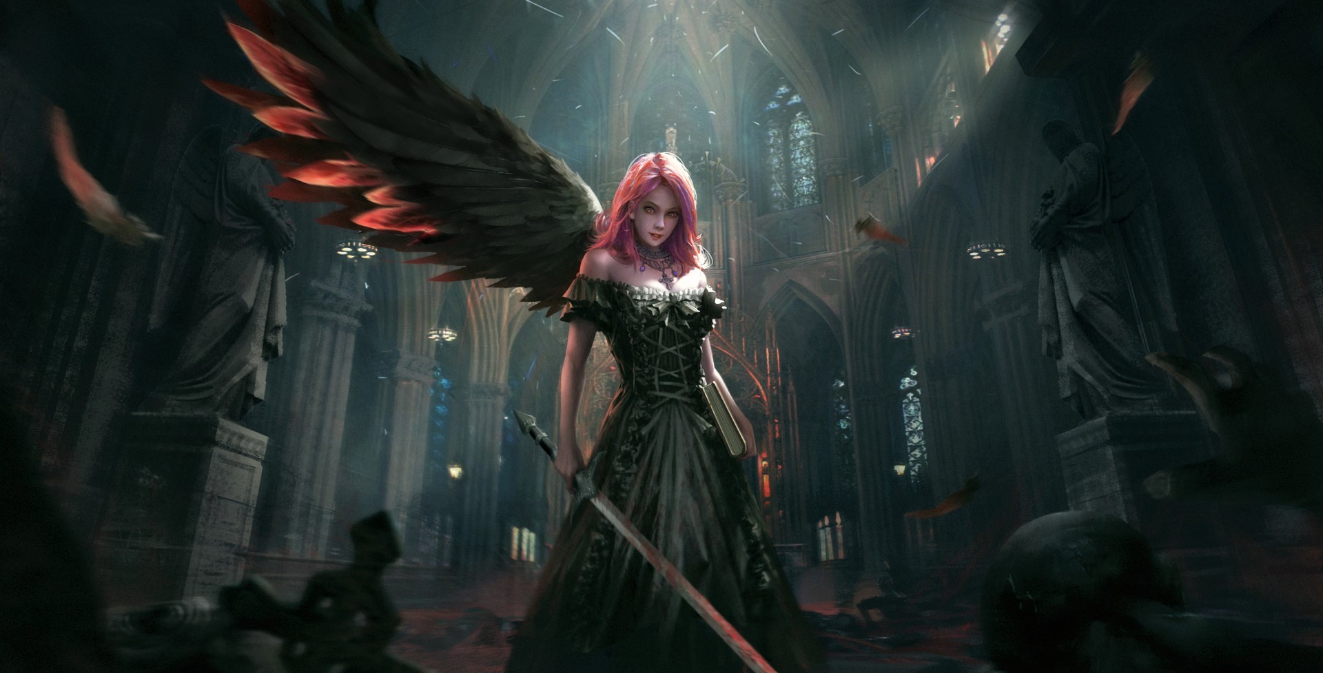 wings, fantasy, angel warrior, angel, cathedral, church, dark, fallen angel, pink hair, sword