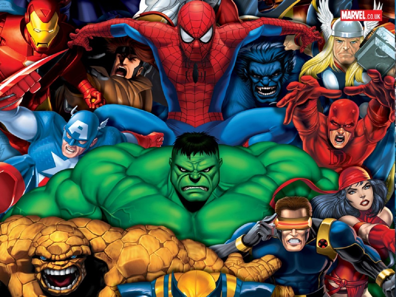 hulk, comics, marvel comics, beast (marvel comics), captain america, cyclops (marvel comics), daredevil, elektra (marvel comics), gambit (marvel comics), iron man, spider man, thing (marvel comics), thor