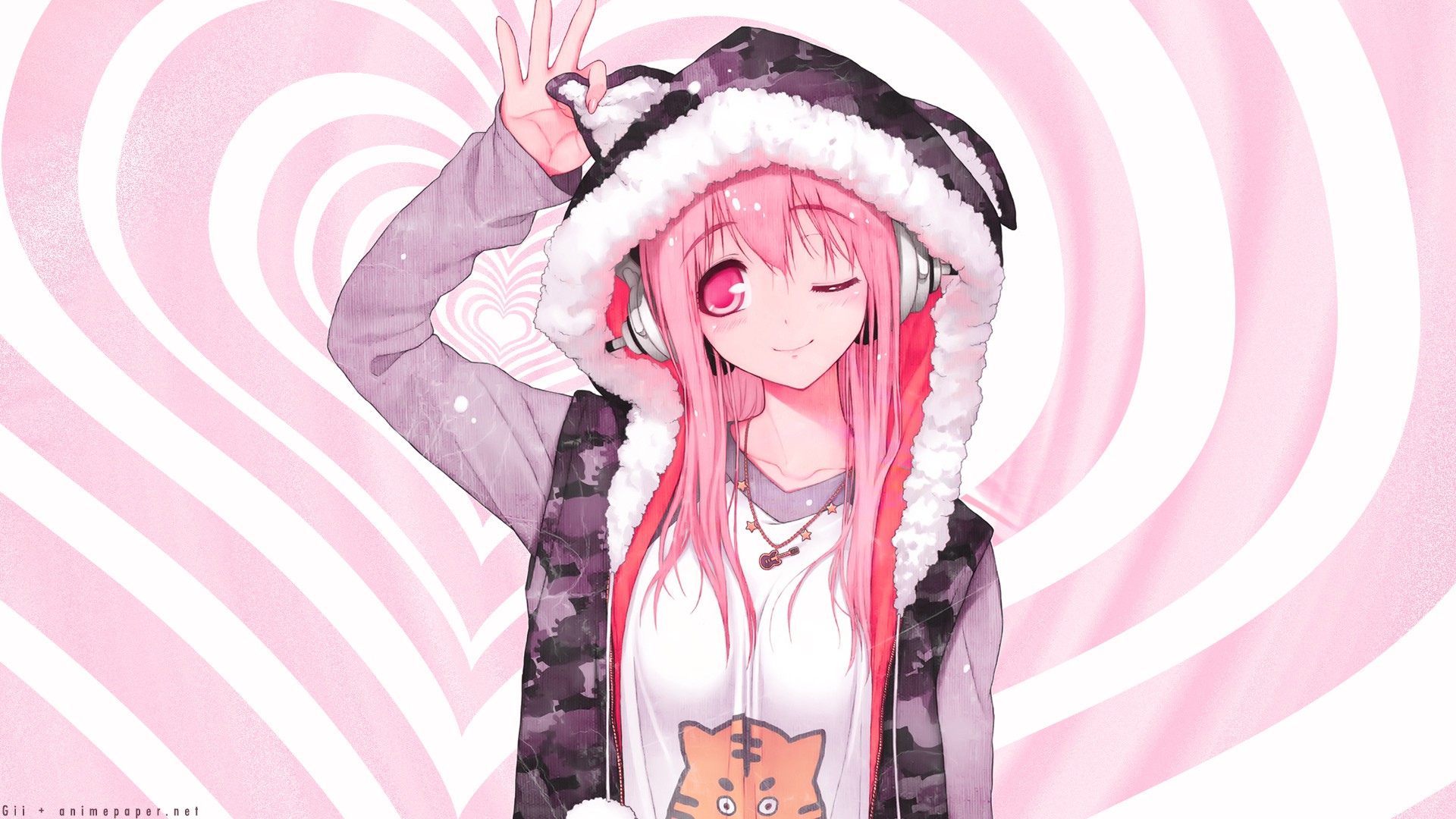animal ears, headphones, hoodie, anime, super sonico, blush, pink hair, smile, wink High Definition image