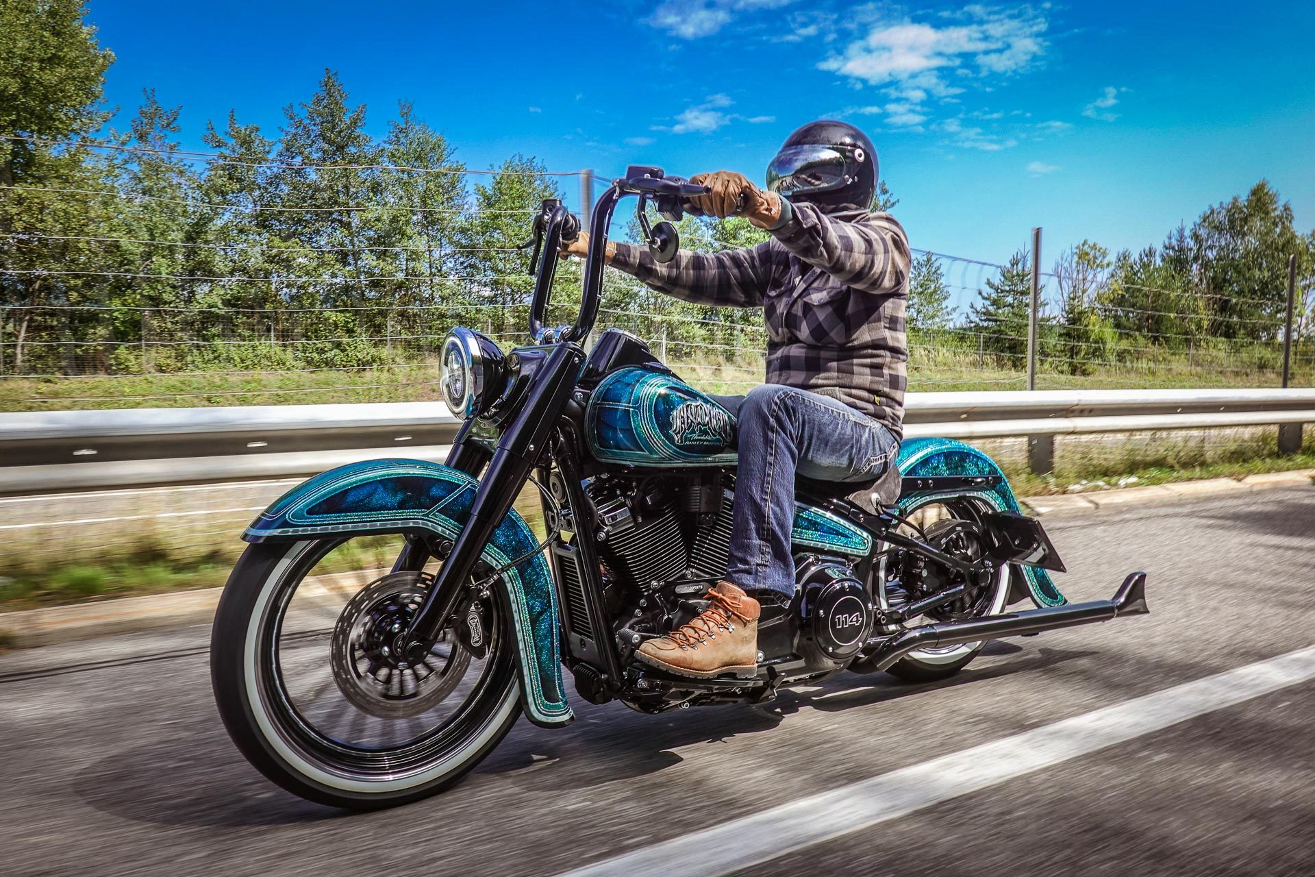 men, men & motorcycles, biker, custom motorcycle, harley davidson, thunderbike customs Panoramic Wallpaper