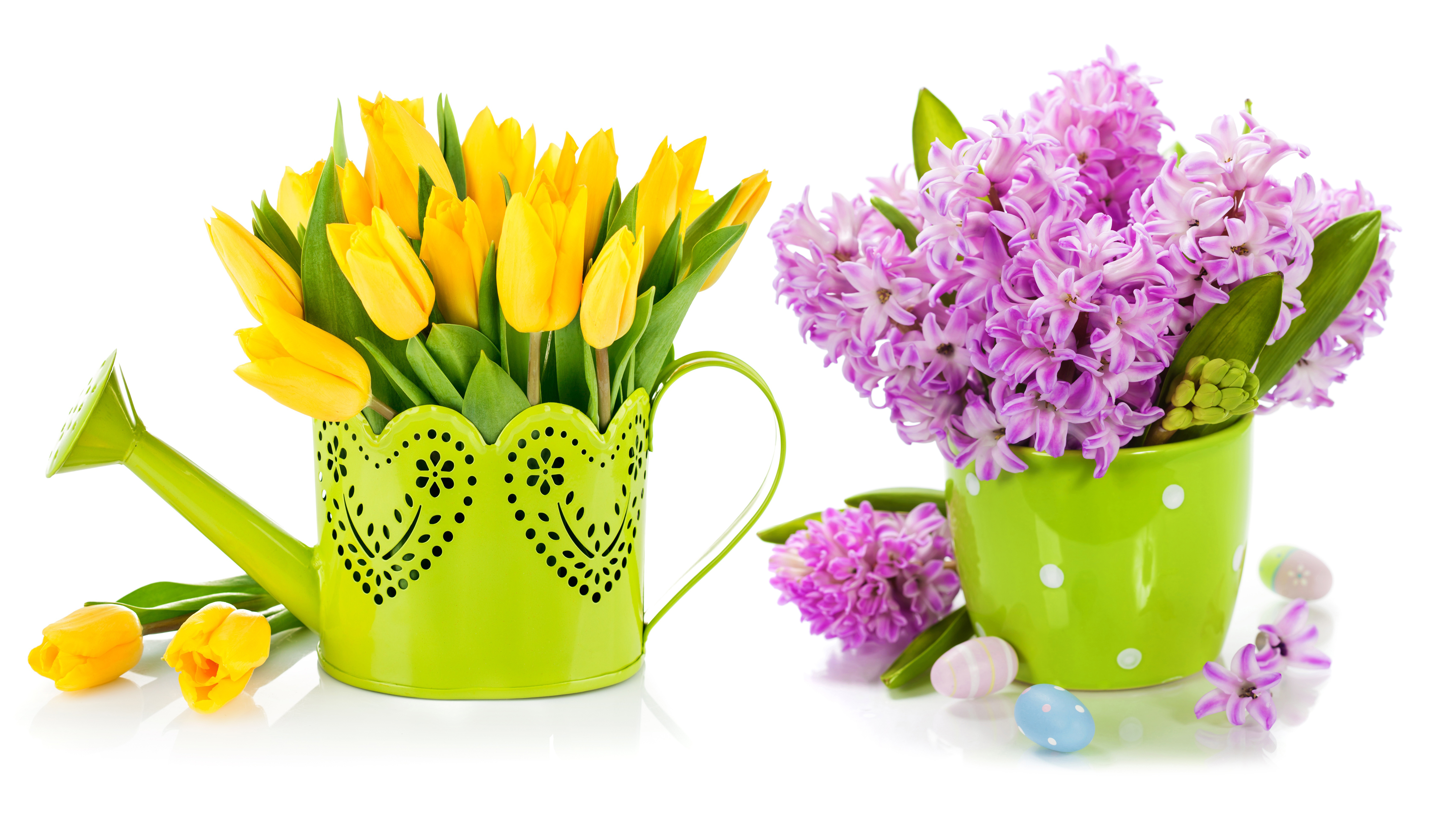 785384 завантажити шпалери створено людиною, квітка, гіацинт, фіолетова квітка, тюльпан, ваза, жовта квітка - заставки і картинки безкоштовно