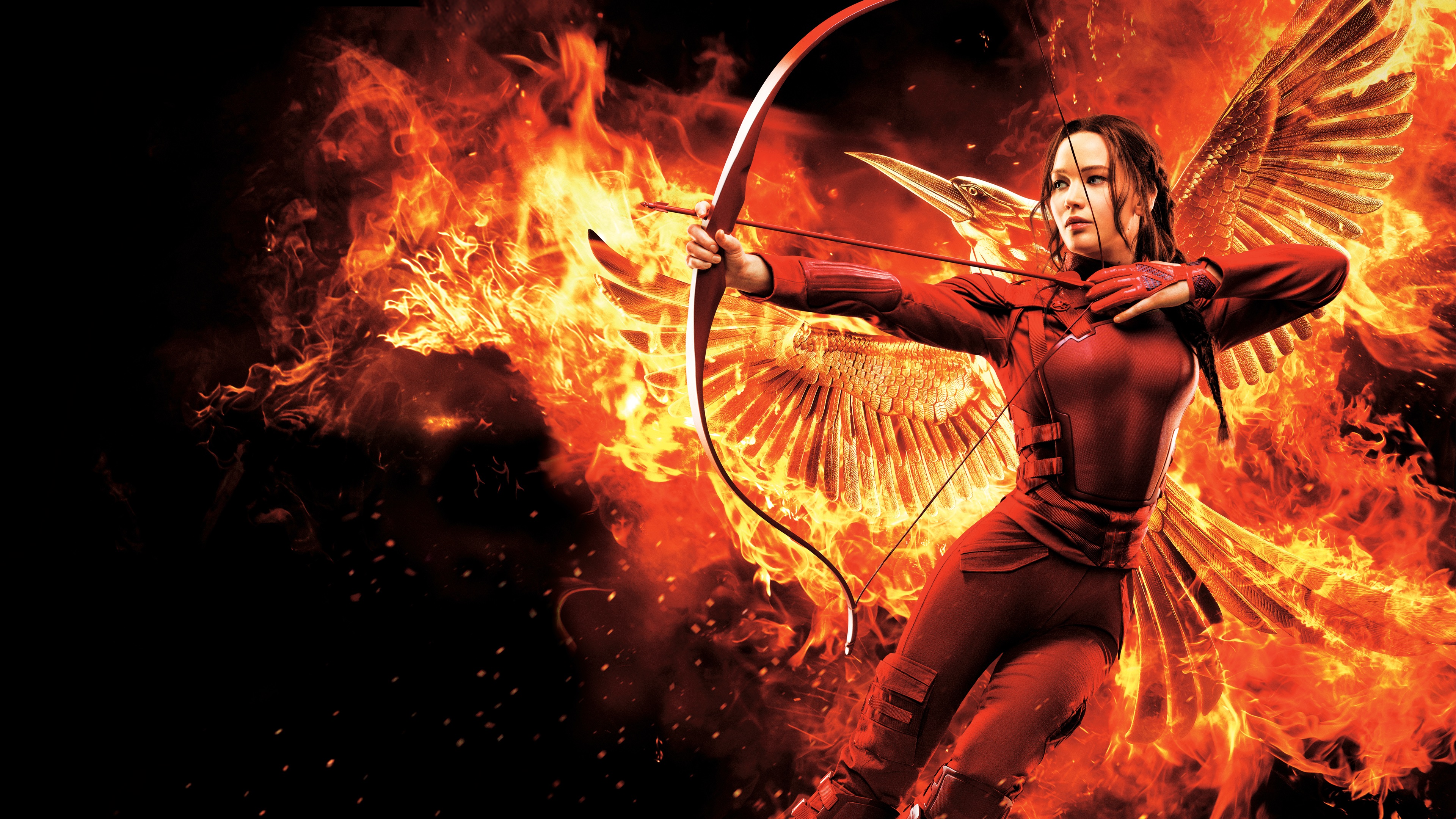 jennifer lawrence, movie, the hunger games: mockingjay part 2, bow, fire, flame, katniss everdeen, phoenix, wings, the hunger games