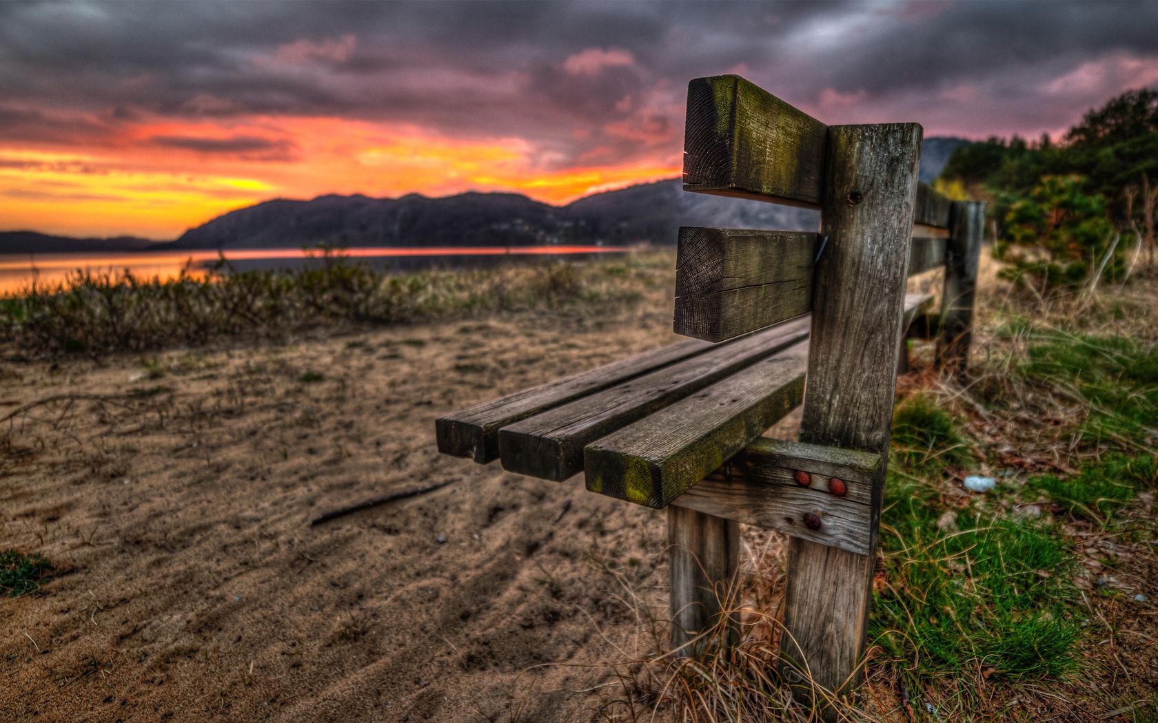 Download mobile wallpaper Grass, Nails, Bench, Nature, Lake, Evening, Sunset, Sand, Romance for free.
