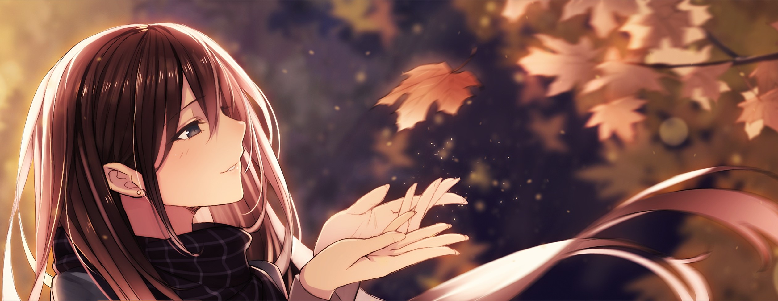 leaf, girl, anime, brown eyes, brown hair, fall, long hair, scarf, smile Smartphone Background
