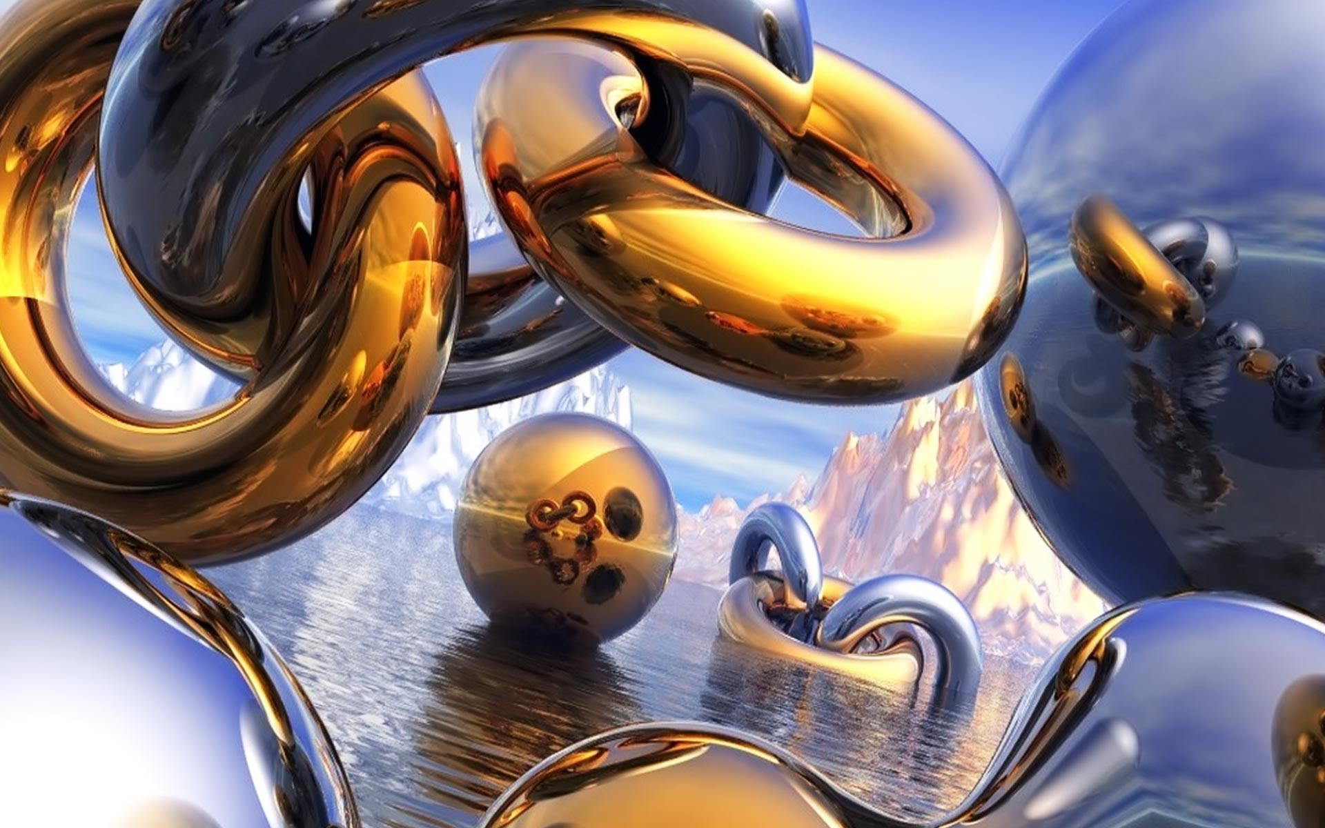 3d, metal, water, abstract, sphere, gold, cgi