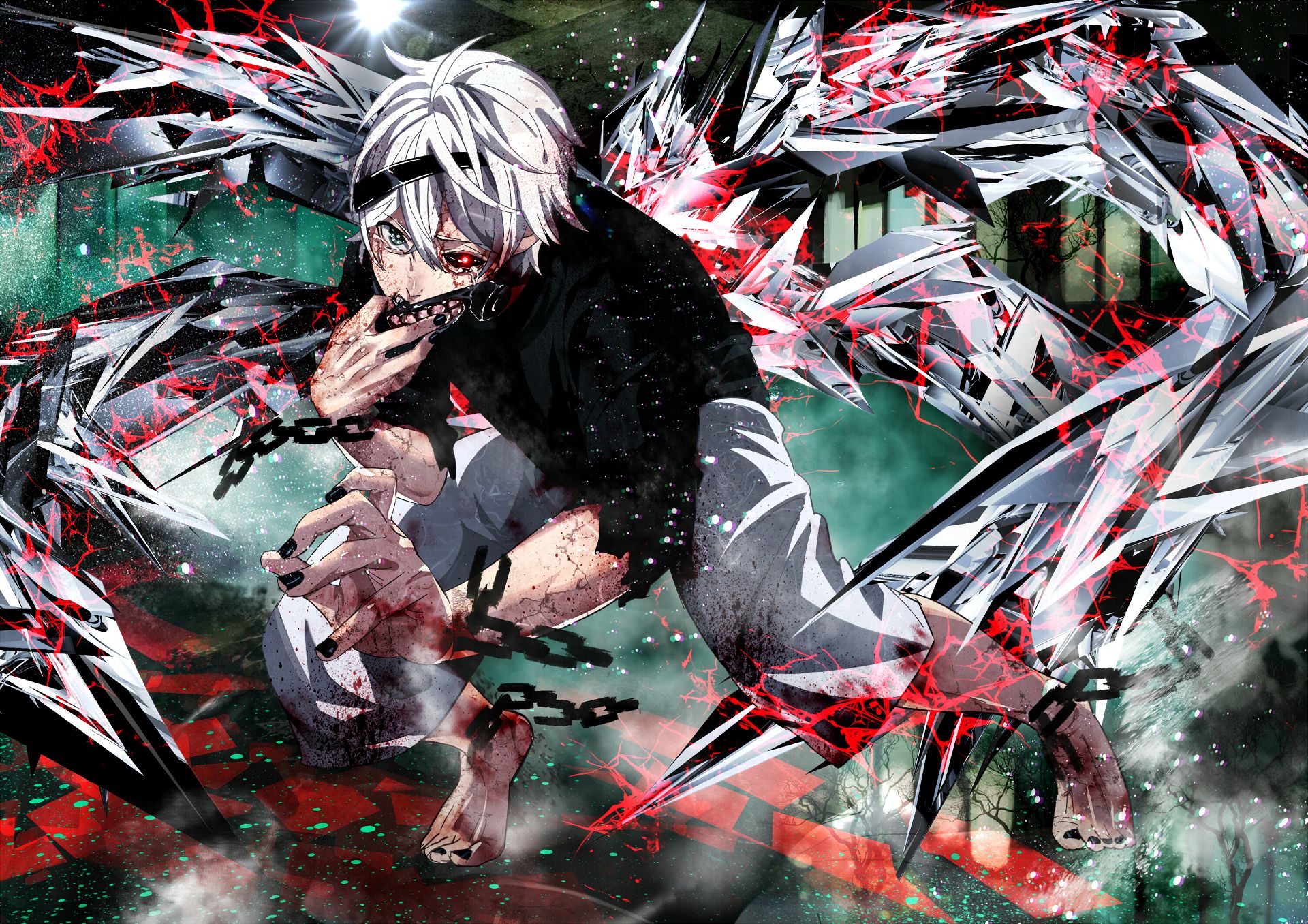 white hair, anime, mask, heterochromia, tokyo ghoul, barefoot, blood, kagune (tokyo ghoul), ken kaneki phone background