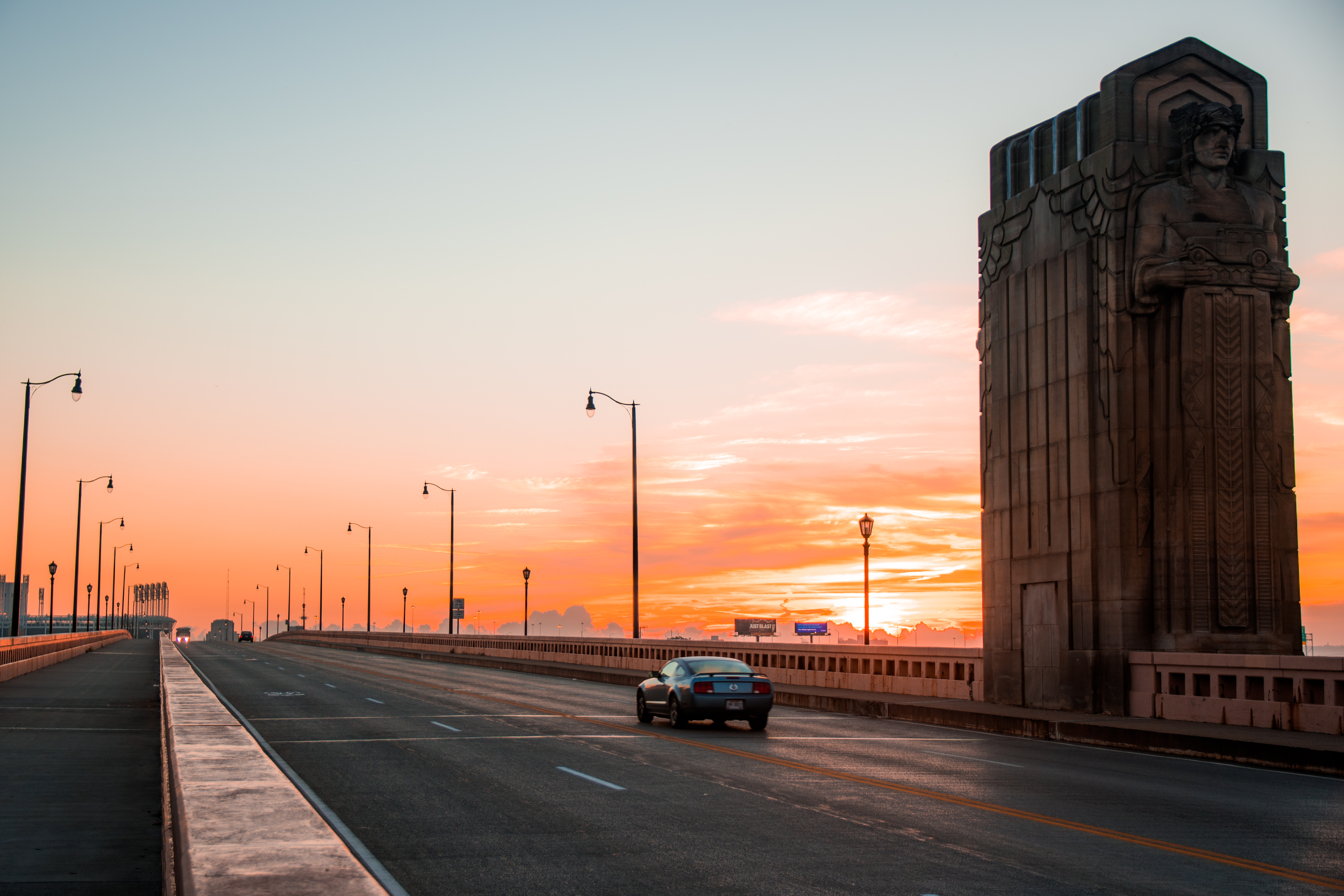 sunset, cities, usa, car, traffic, movement, bridge, united states, ohio, cleveland desktop HD wallpaper
