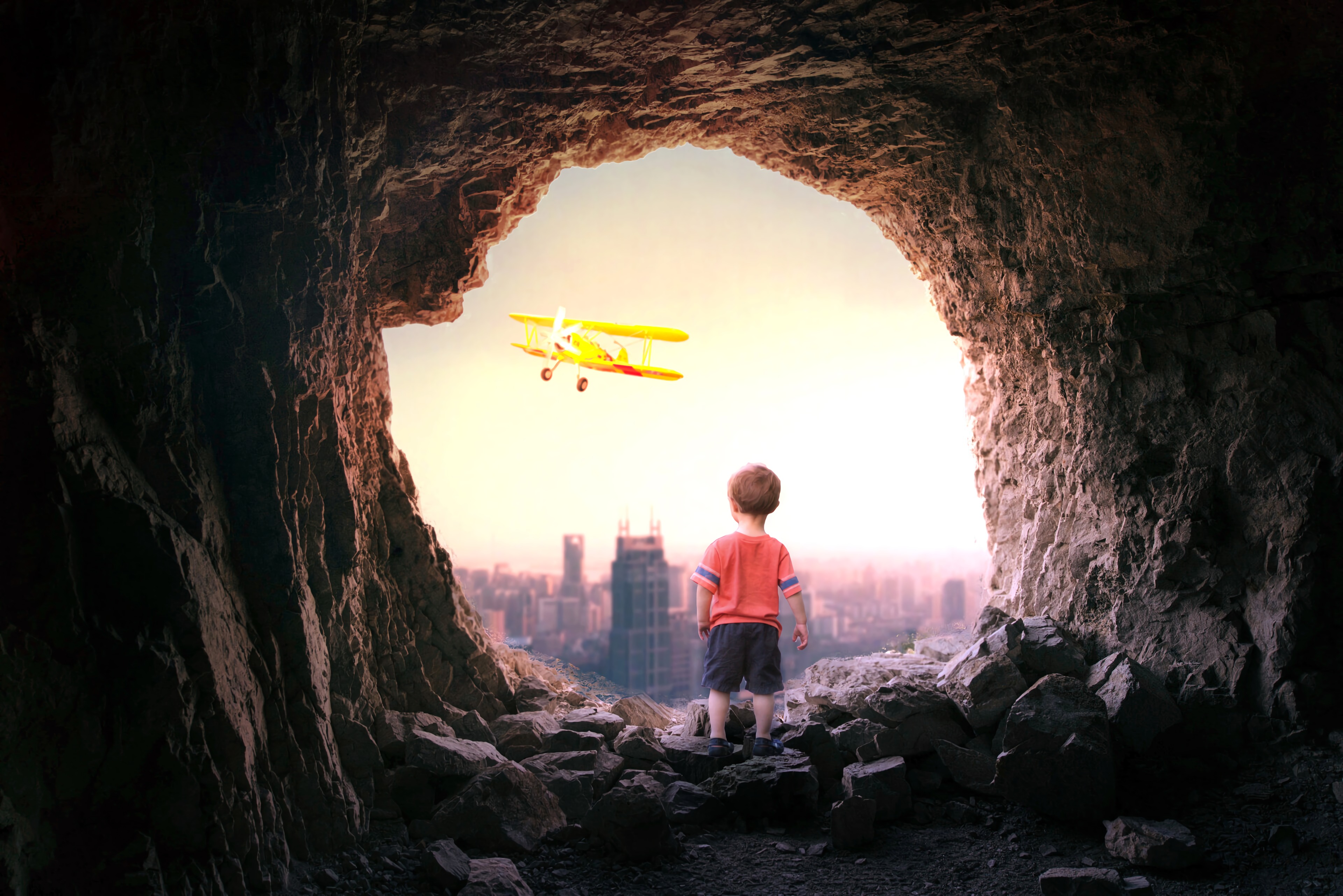 plane, miscellanea, cave, city, miscellaneous, airplane, view, child