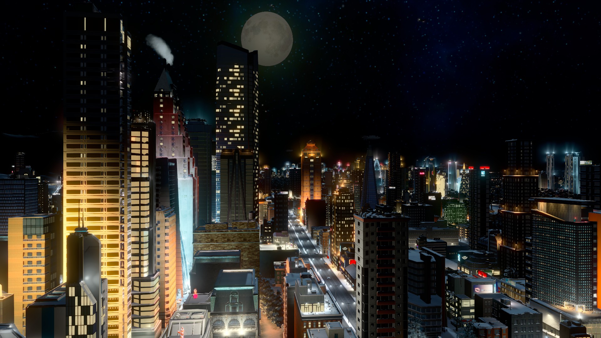 cities, video game, cities: skylines, city, moon, night, skyscraper Full HD