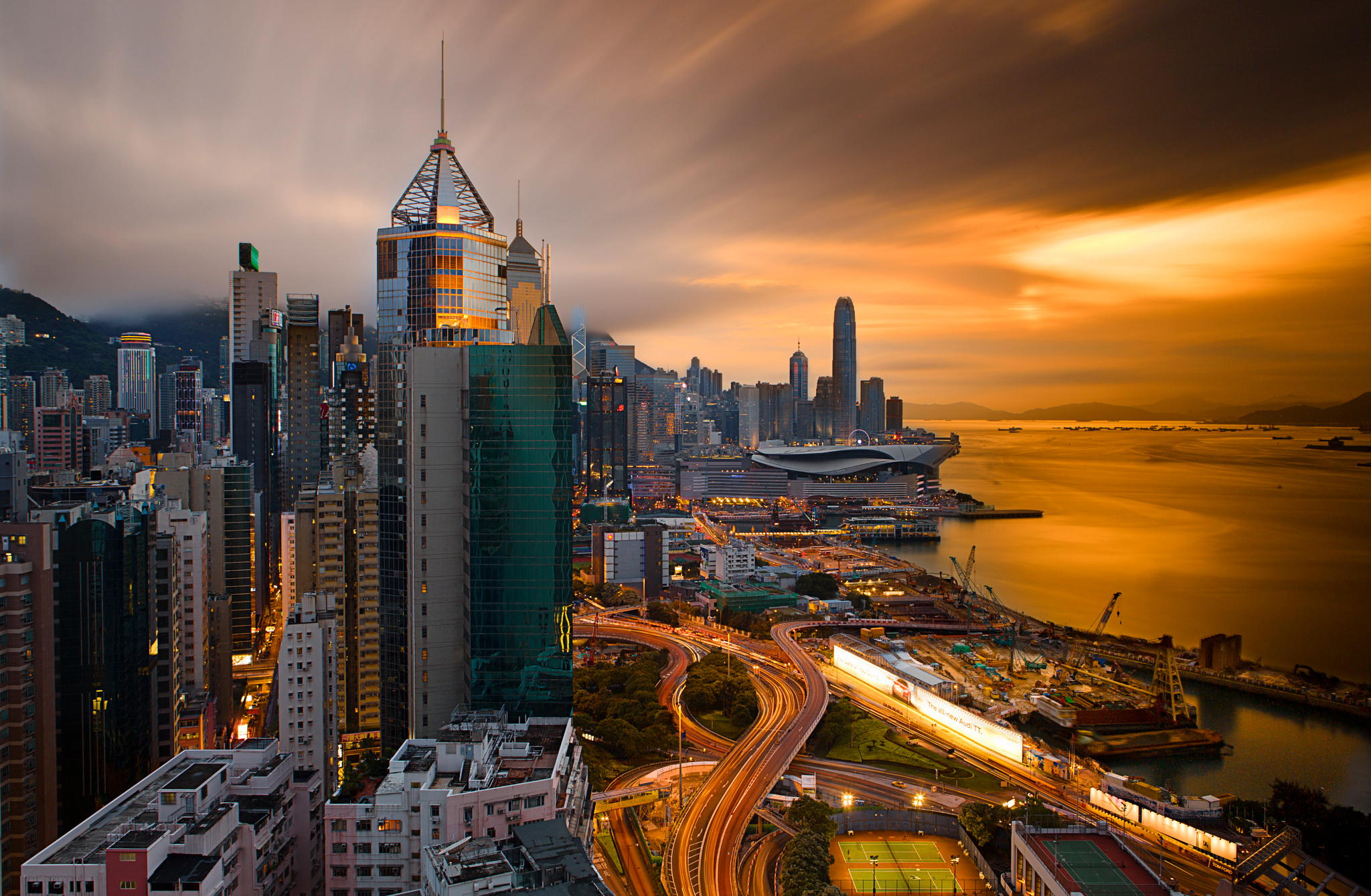 china, architecture, light, megapolis, sunset, man made, hong kong, building, city, victoria harbour, cities