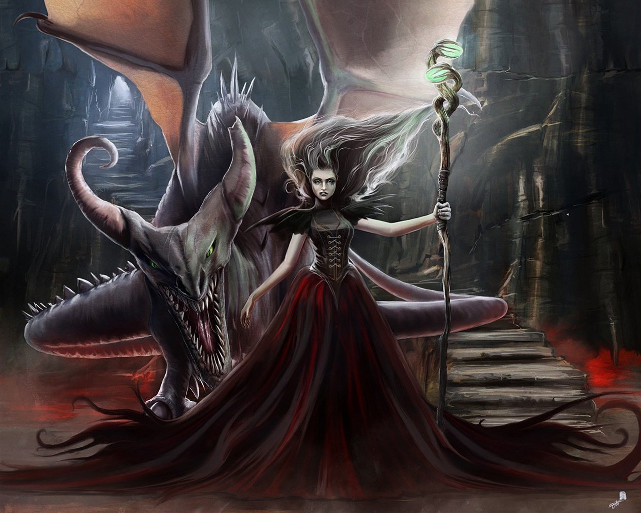 免费下载幻想, 龙, 黑暗, 女巫手机壁纸。