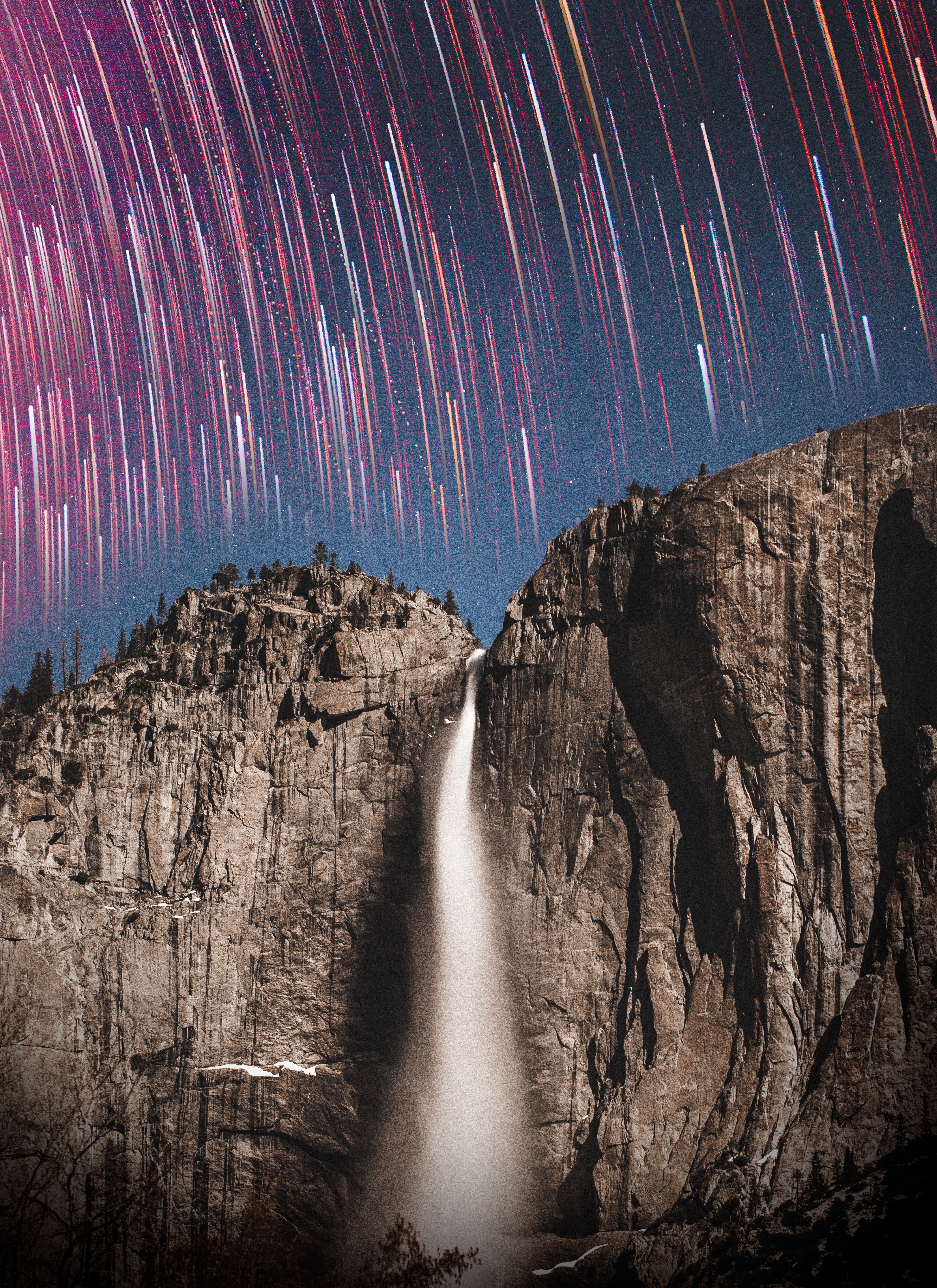 Download mobile wallpaper Rock, Waterfall, Cliff, Long Exposure, Stone, Nature, Starry Sky for free.