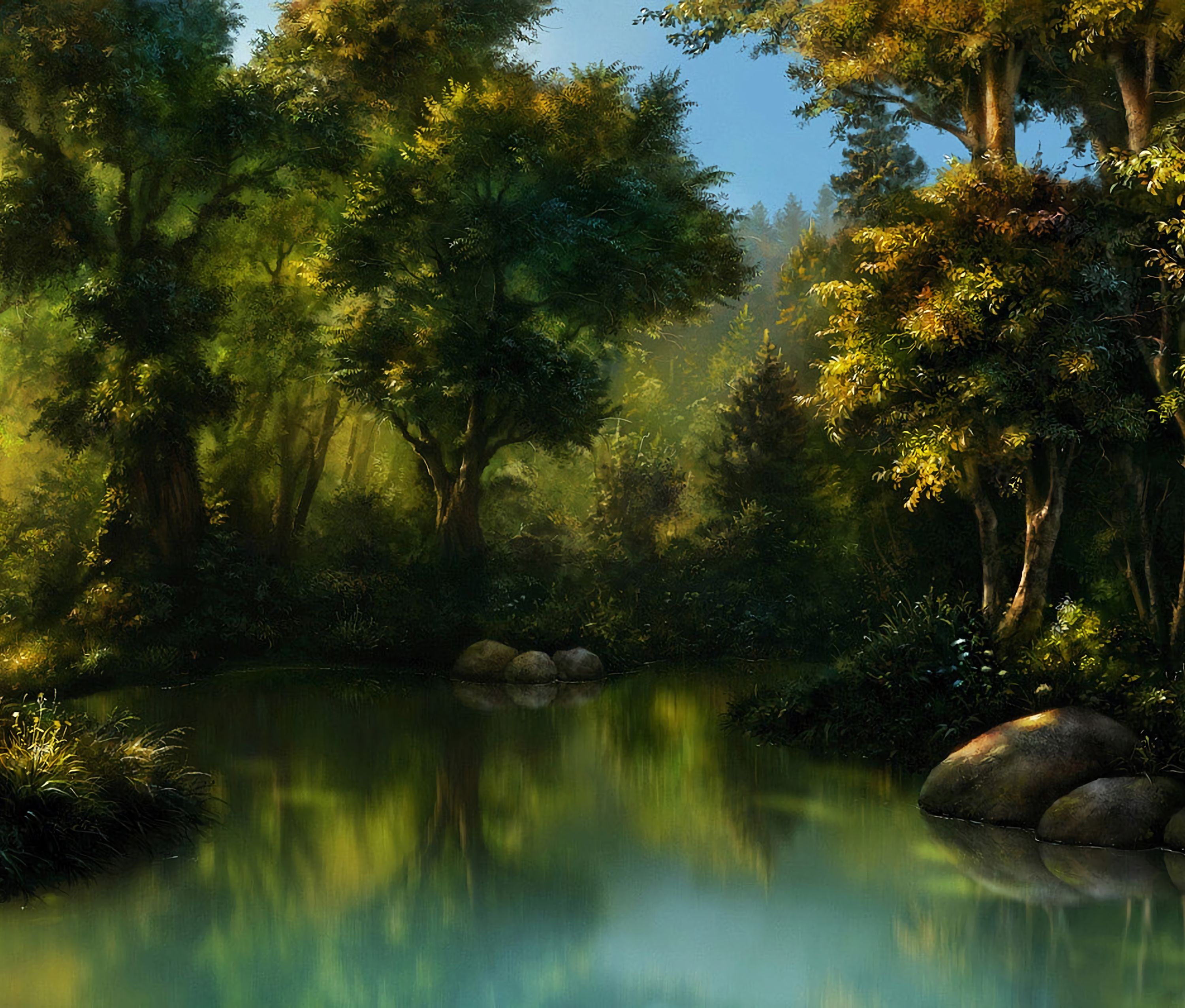 Laden Sie das Bäume, Teich, Wasser, Wald, Natur, Kunst-Bild kostenlos auf Ihren PC-Desktop herunter