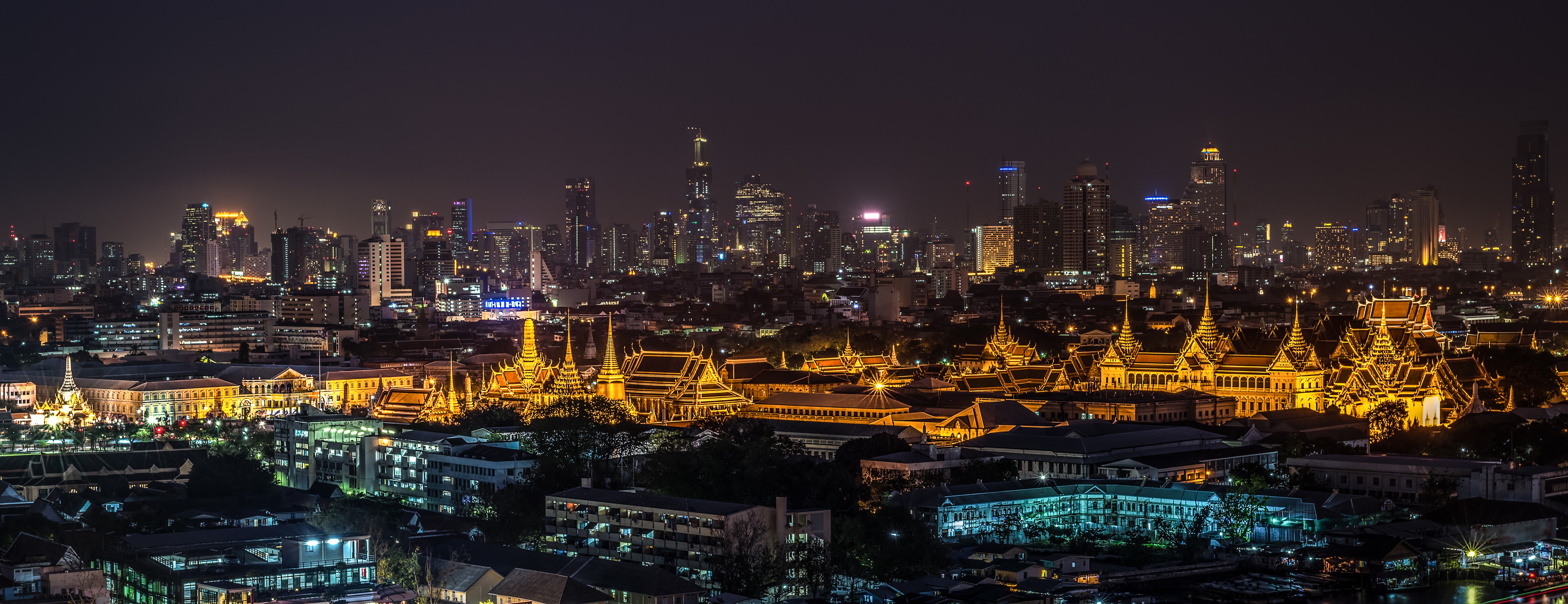 bangkok, city lights, cities, night city, thailand, palace Panoramic Wallpaper